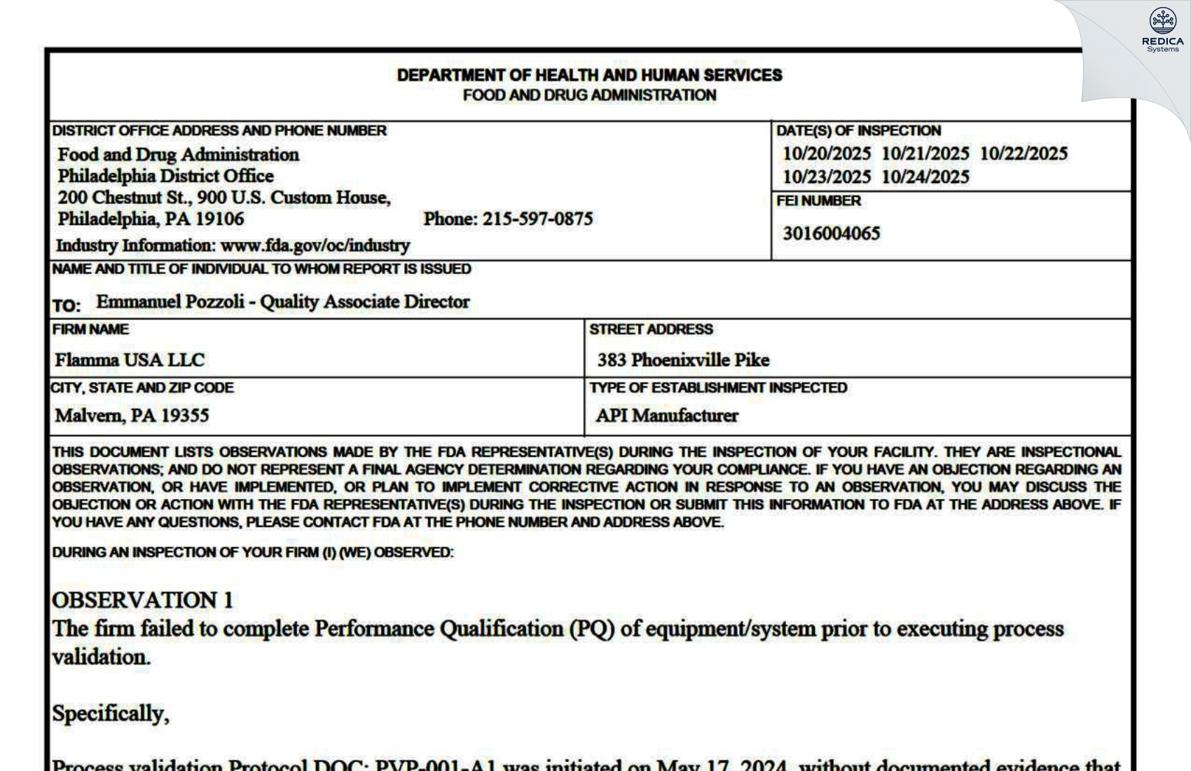 FDA 483 - Flamma USA LLC [Malvern / United States of America] - Download PDF - Redica Systems
