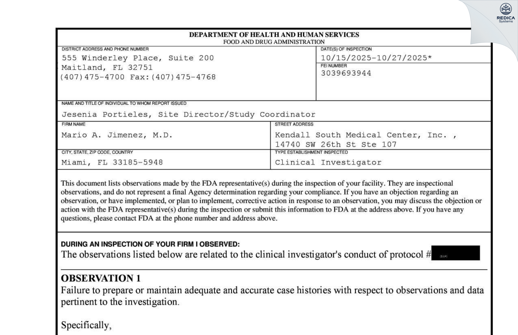 FDA 483 - Mario A. Jimenez, M.D. [Miami / United States of America] - Download PDF - Redica Systems