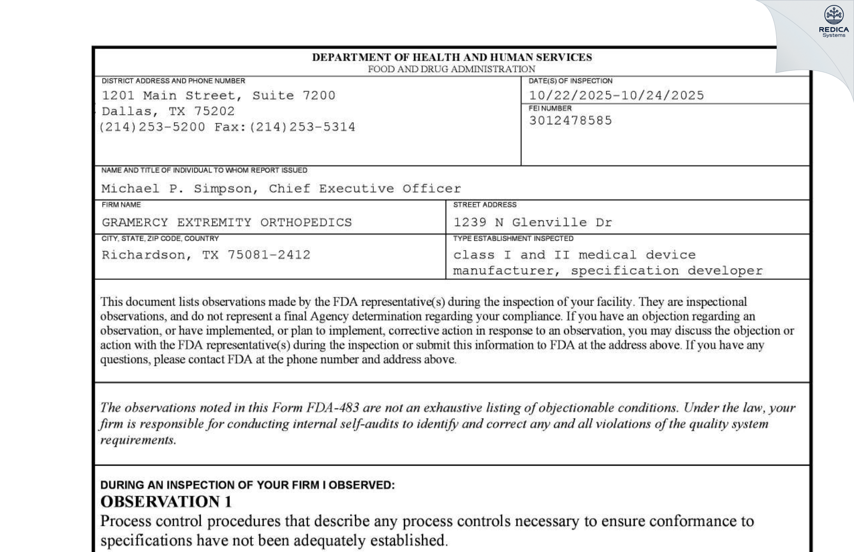FDA 483 - GRAMERCY EXTREMITY ORTHOPEDICS [Richardson / United States of America] - Download PDF - Redica Systems