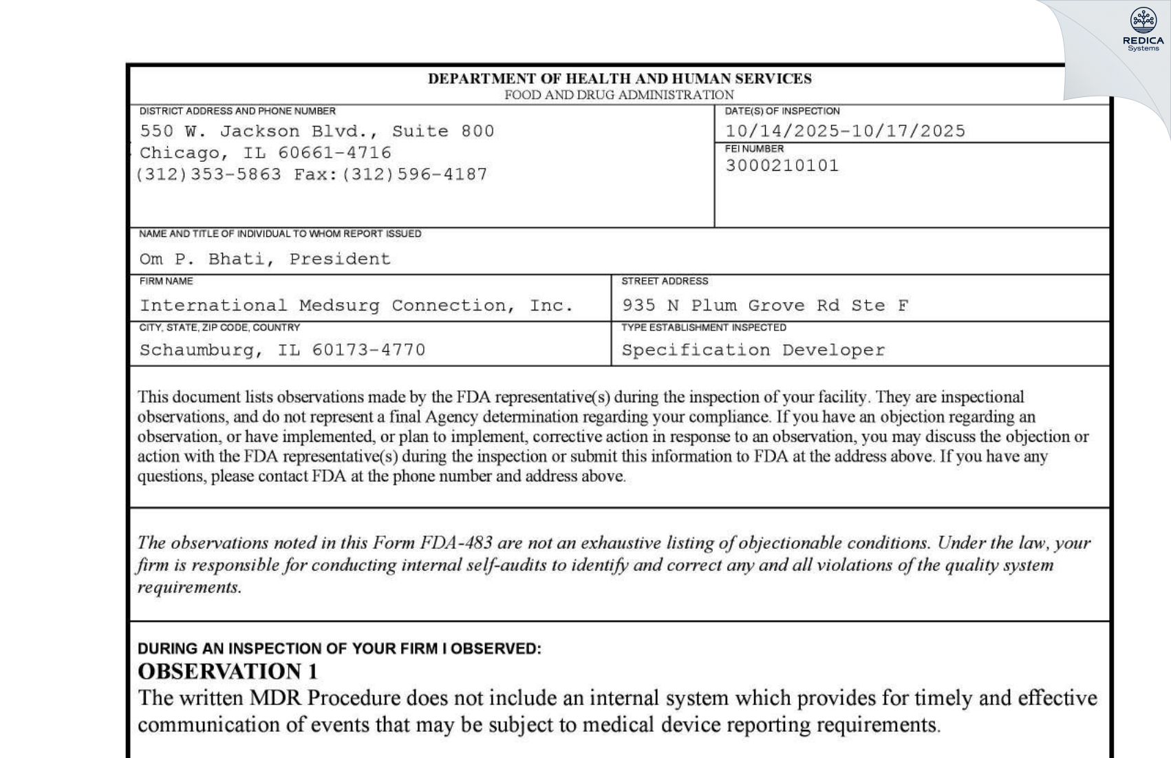 FDA 483 - International Medsurg Connection, Inc. [Schaumburg / United States of America] - Download PDF - Redica Systems