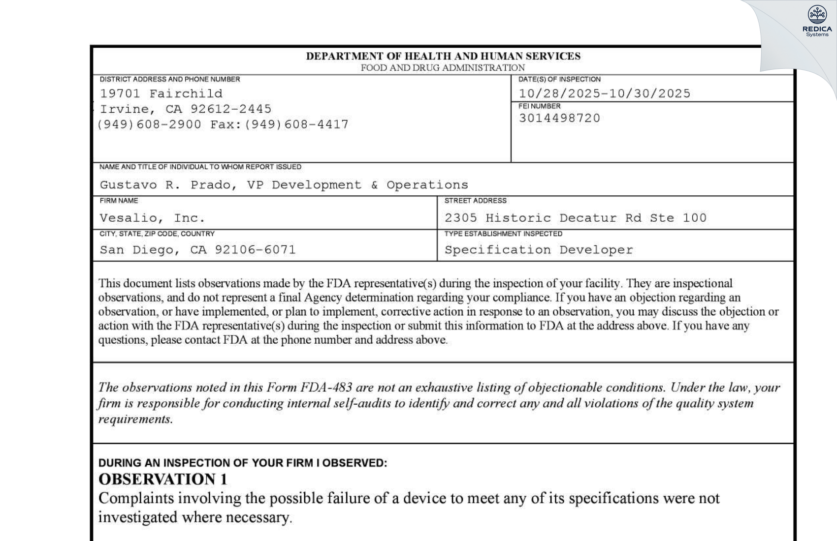 FDA 483 - Vesalio [San Diego / United States of America] - Download PDF - Redica Systems