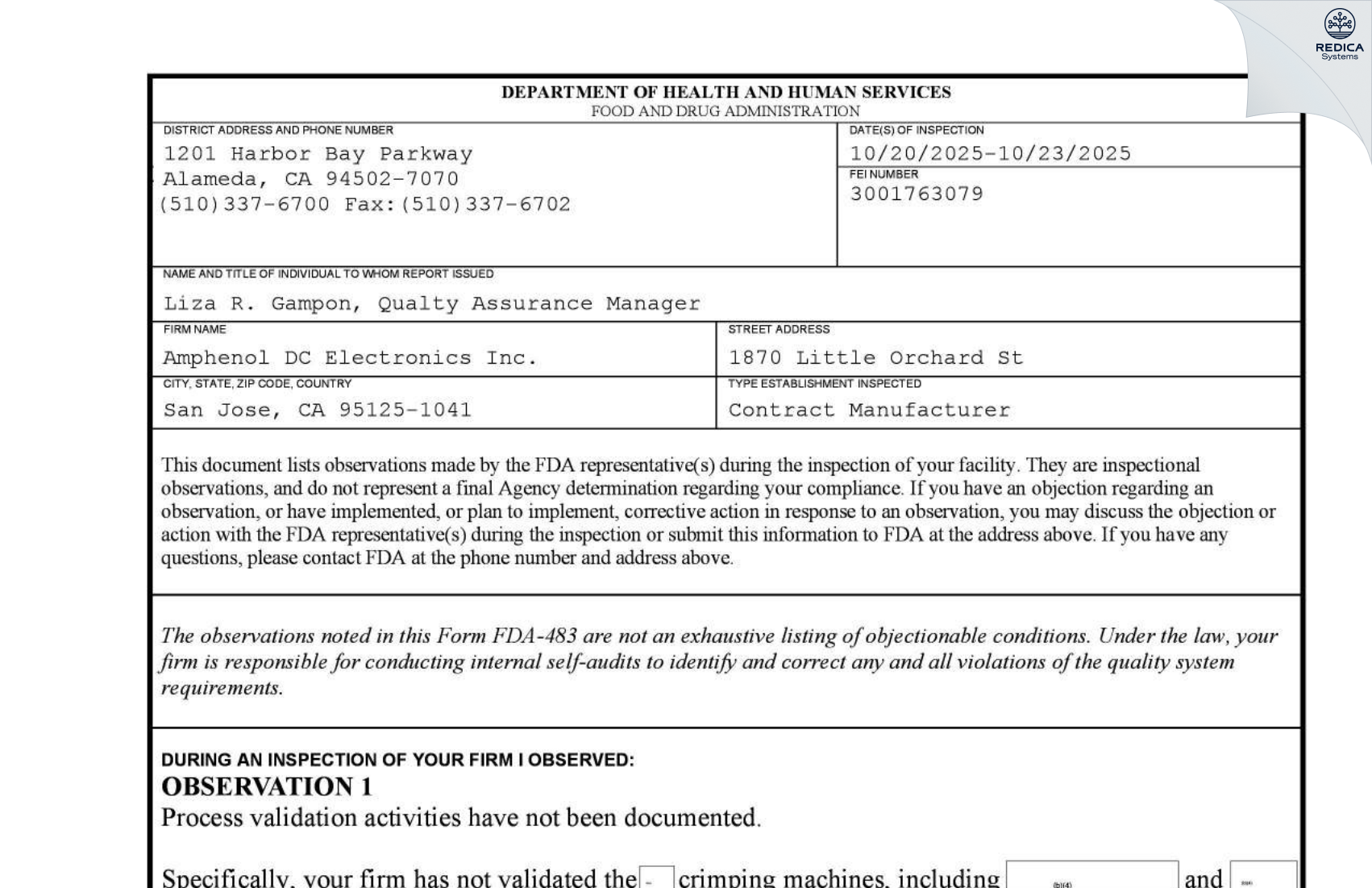 FDA 483 - Amphenol DC Electronics Inc. [San Jose / United States of America] - Download PDF - Redica Systems