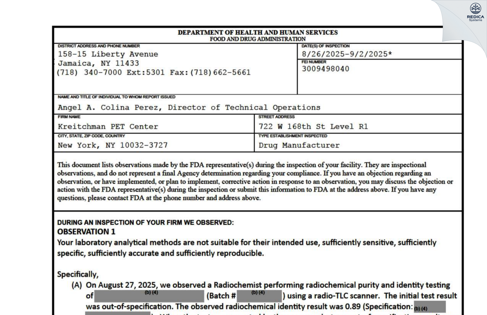 FDA 483 - Kreitchman PET Center [New York / United States of America] - Download PDF - Redica Systems