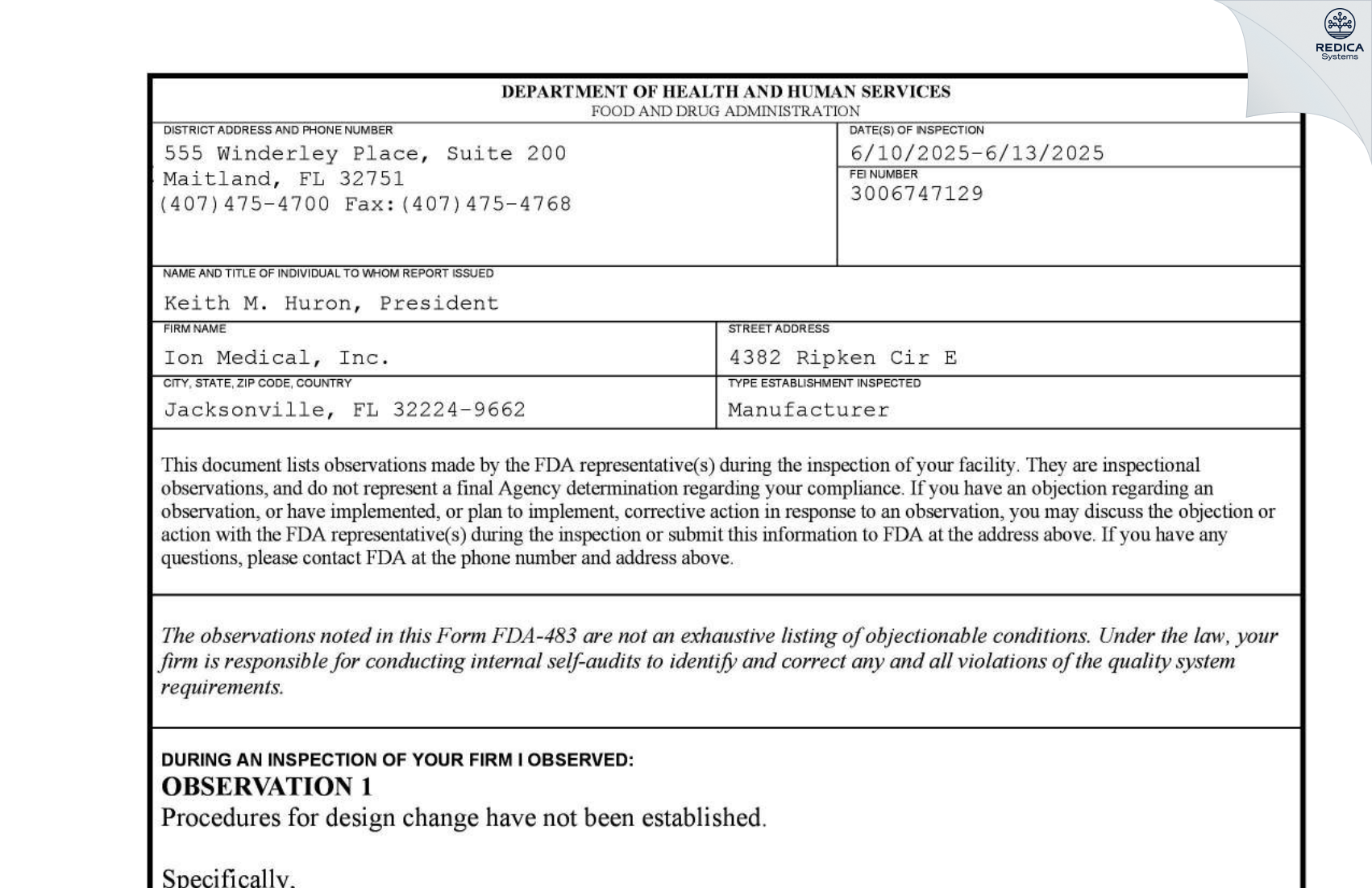 FDA 483 - Ion Medical, Inc. [Jacksonville / United States of America] - Download PDF - Redica Systems
