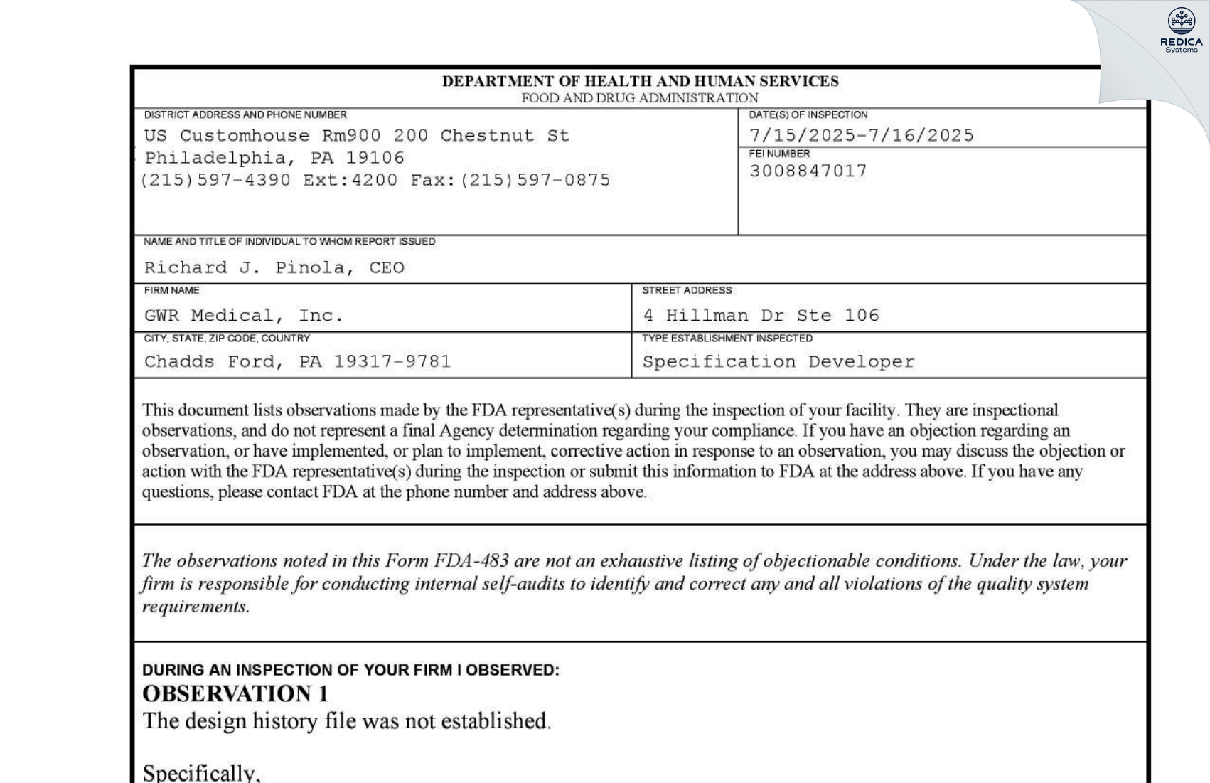 FDA 483 - GWR Medical, Inc. [Chadds Ford / United States of America] - Download PDF - Redica Systems