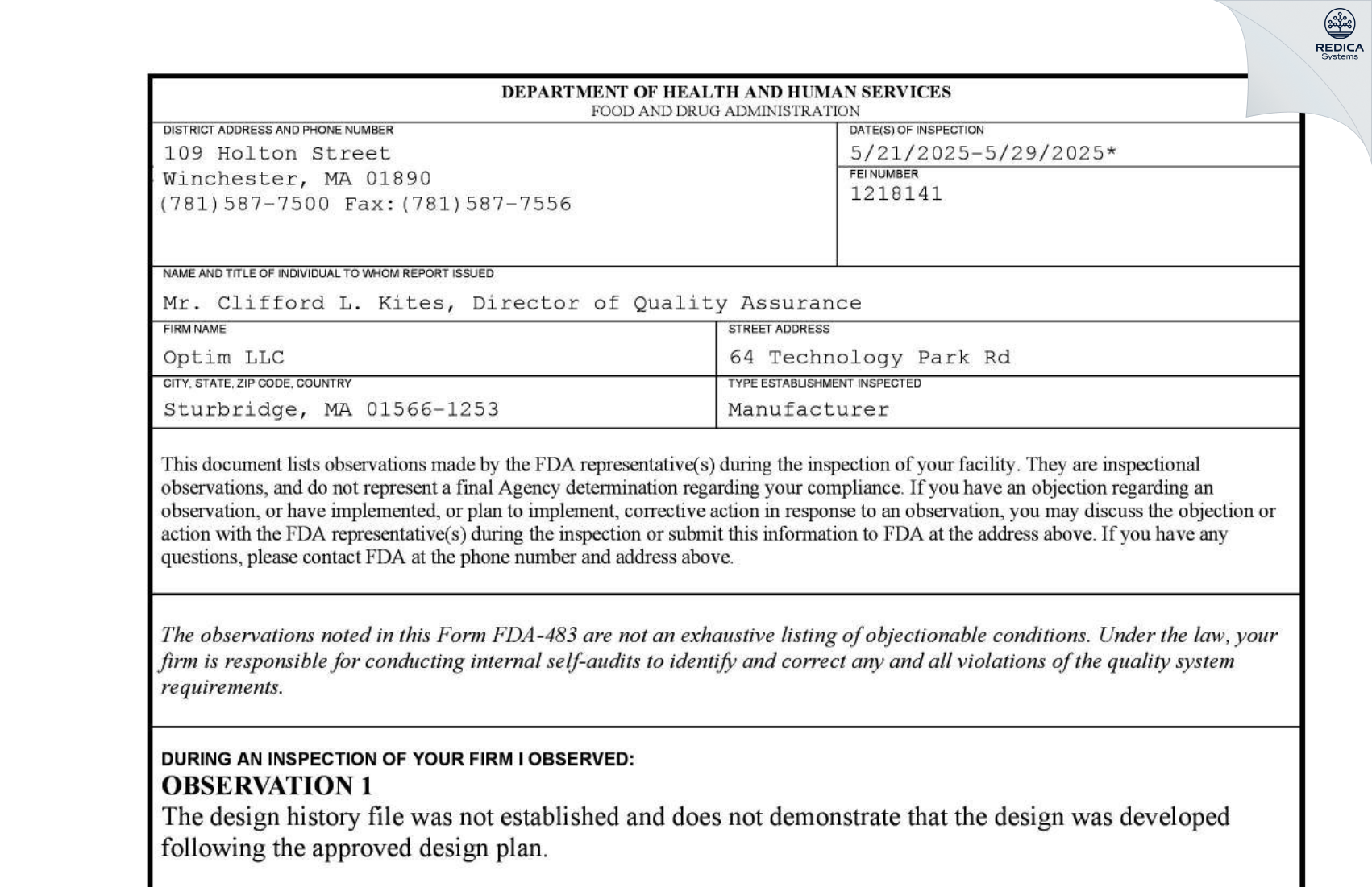 FDA 483 - Optim LLC [Sturbridge / United States of America] - Download PDF - Redica Systems