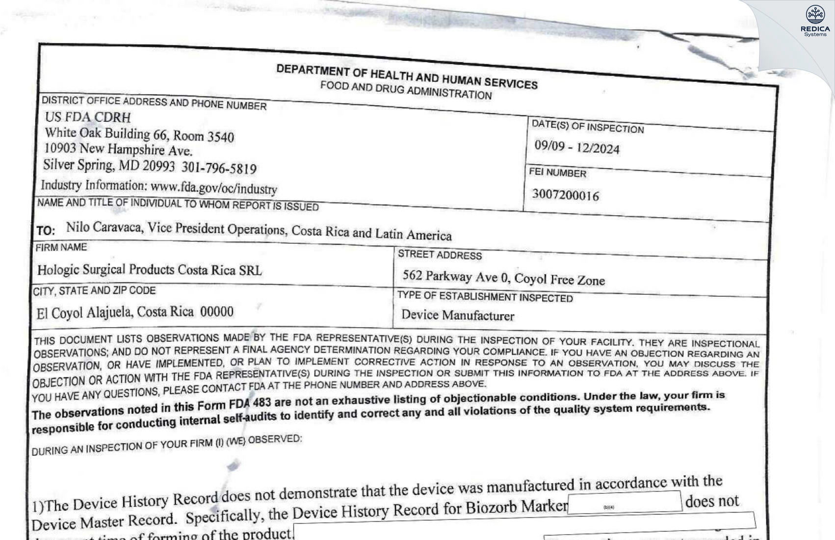 FDA 483 - Hologic Surgical Products Costa Rica [San José / Costa Rica] - Download PDF - Redica Systems