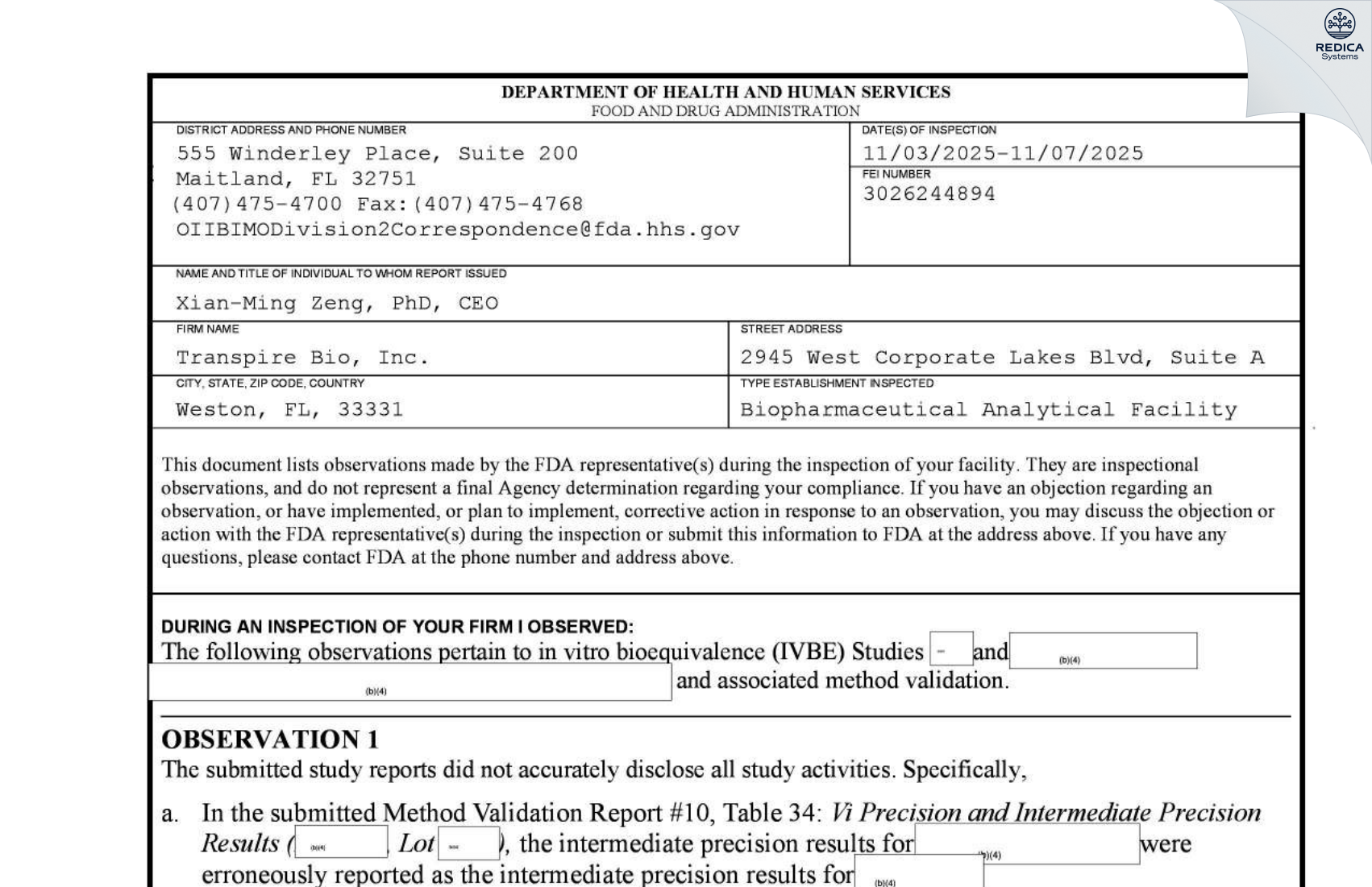 FDA 483 - Transpire Bio Inc. [Weston / United States of America] - Download PDF - Redica Systems