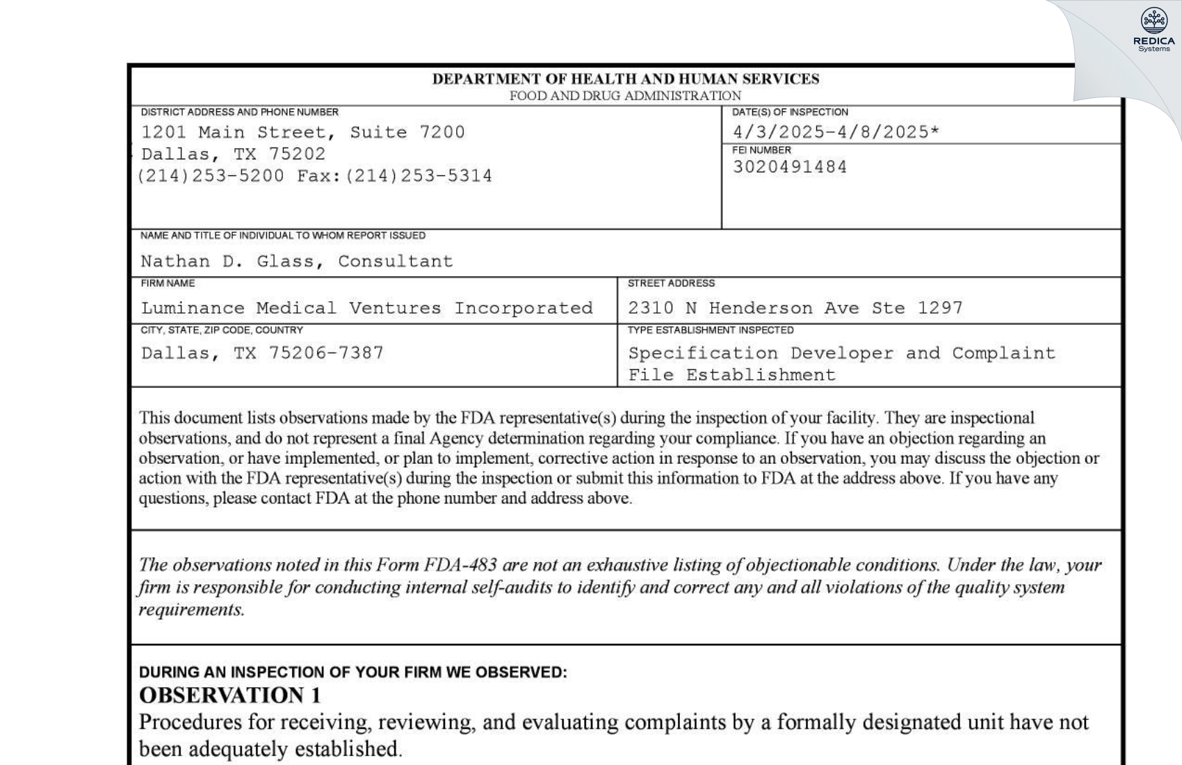 FDA 483 - LUMINANCE MEDICAL VENTURES INCORPORATED [Dallas / United States of America] - Download PDF - Redica Systems