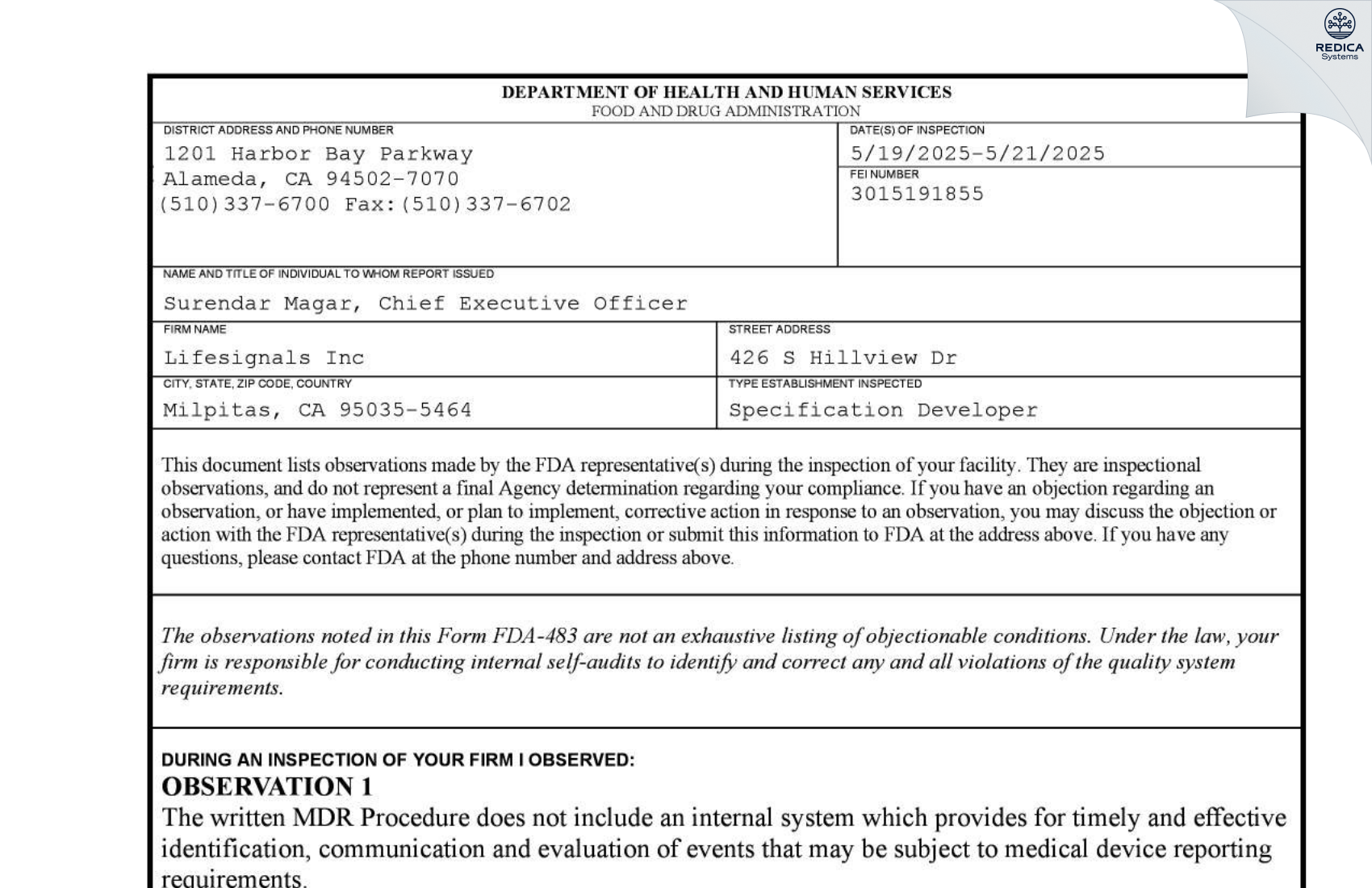 FDA 483 - Lifesignals Inc [Fremont / United States of America] - Download PDF - Redica Systems