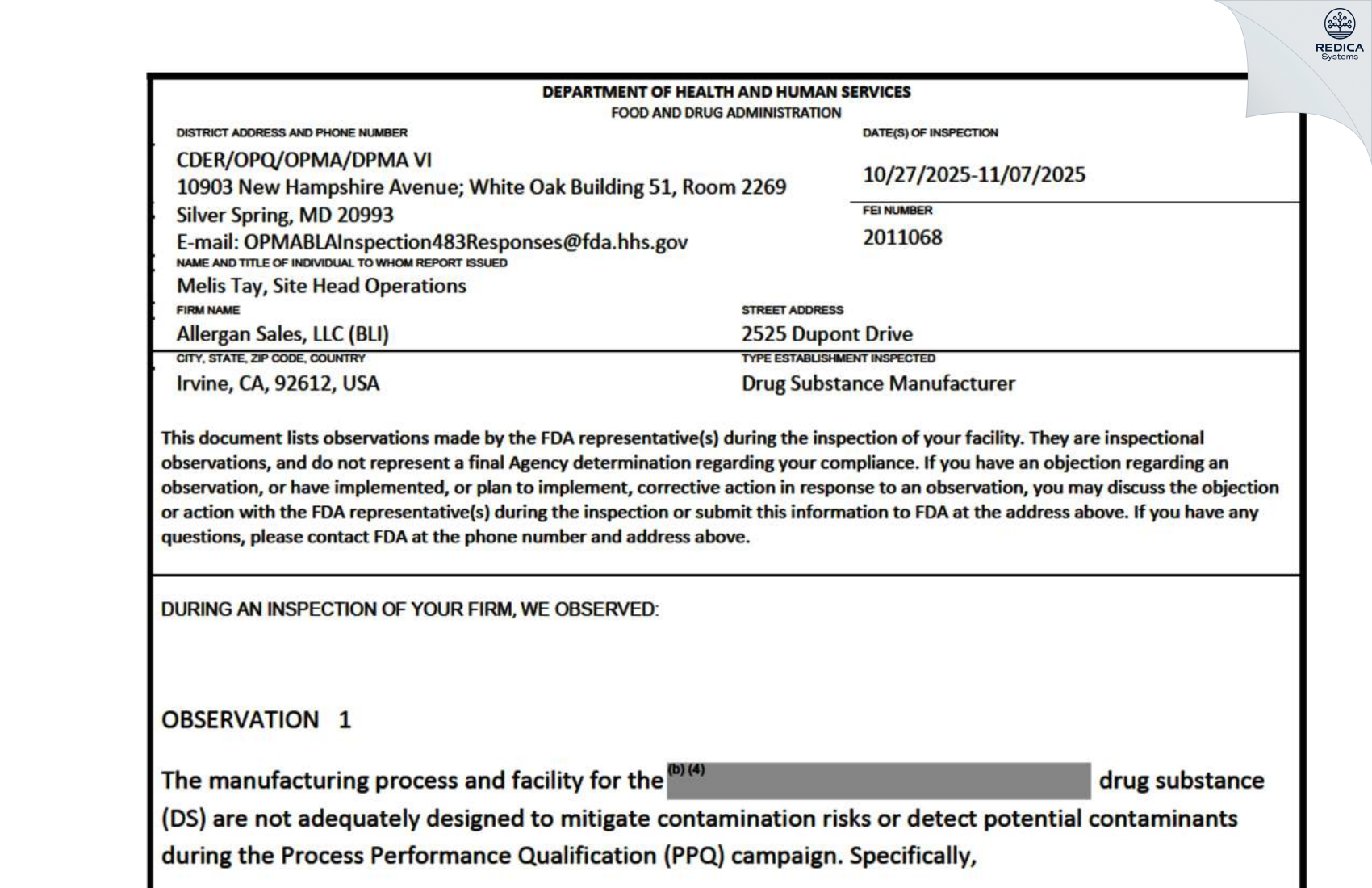 FDA 483 - Allergan Sales, LLC [Irvine / United States of America] - Download PDF - Redica Systems