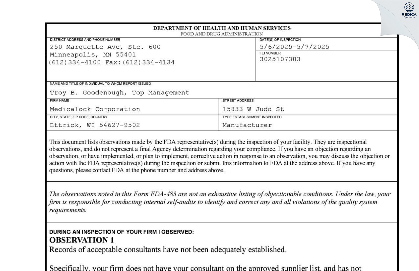 FDA 483 - MEDICALOCK CORPORATION [Ettrick / United States of America] - Download PDF - Redica Systems