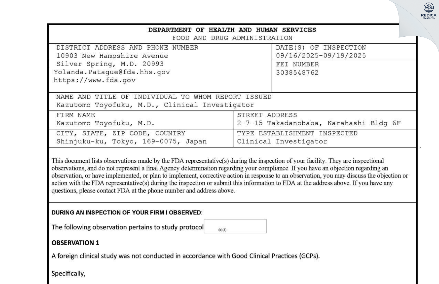 FDA 483 - Kazutomo Toyofuku [Shinjuku / Japan] - Download PDF - Redica Systems