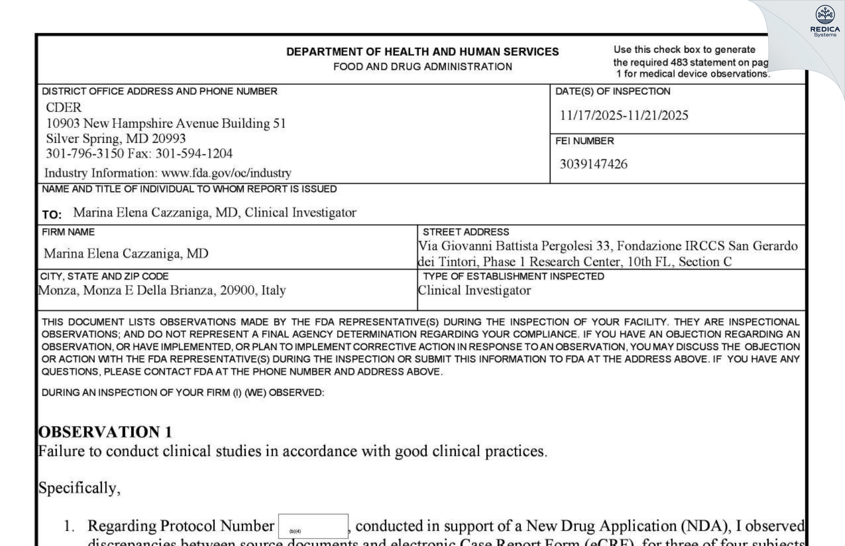 FDA 483 - Marina Elena Cazzaniga, MD [Monza / Italy] - Download PDF - Redica Systems