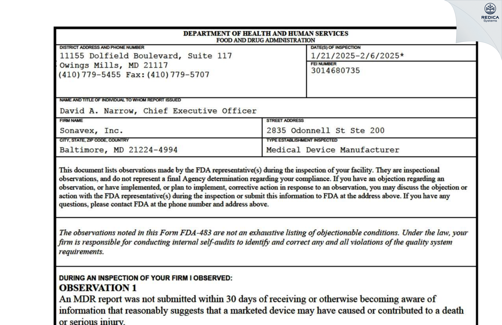 FDA 483 - SONAVEX, INC. [Baltimore / United States of America] - Download PDF - Redica Systems