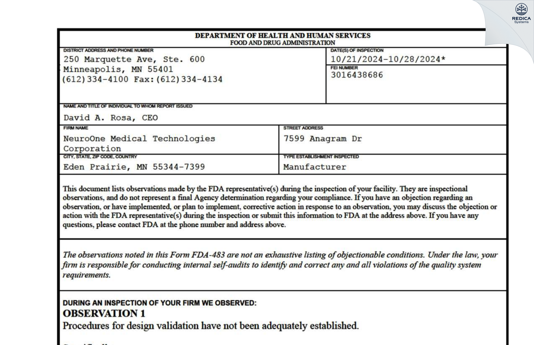 FDA 483 - NeuroOne Medical Technologies Corporation [Eden Prairie / United States of America] - Download PDF - Redica Systems