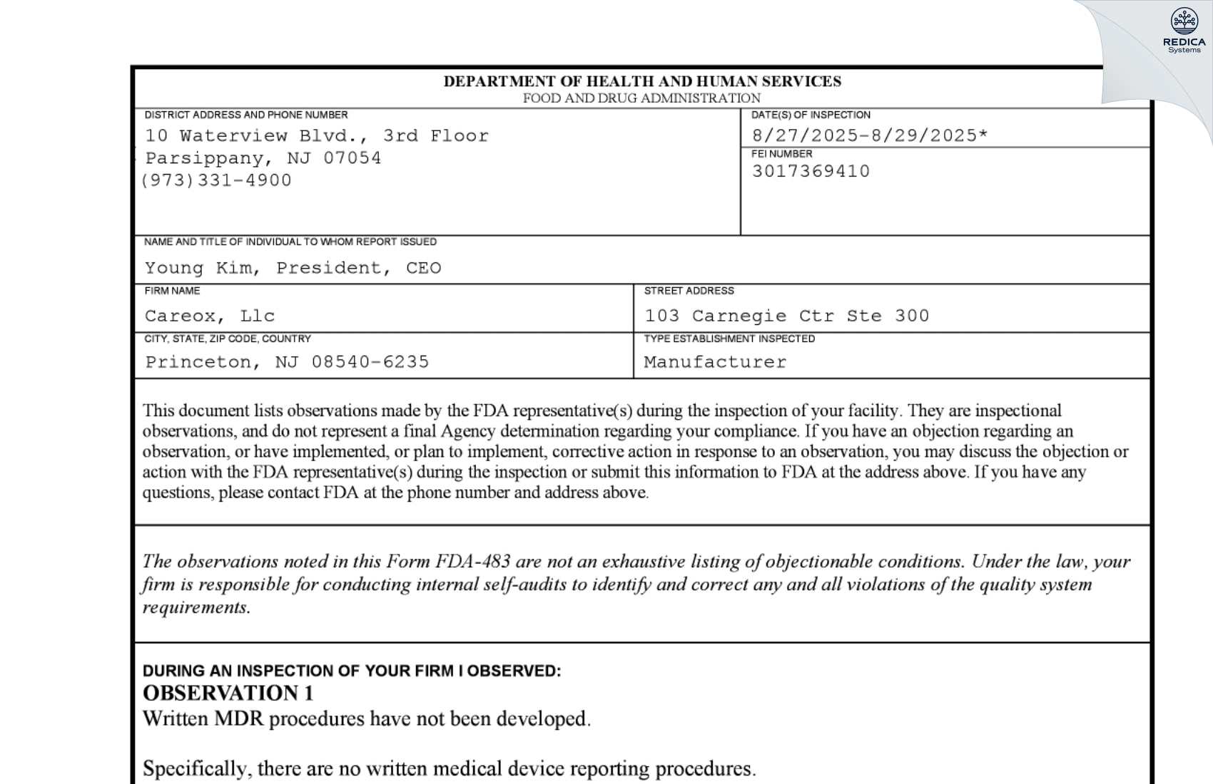 FDA 483 - CAREOX LLC [Princeton / United States of America] - Download PDF - Redica Systems