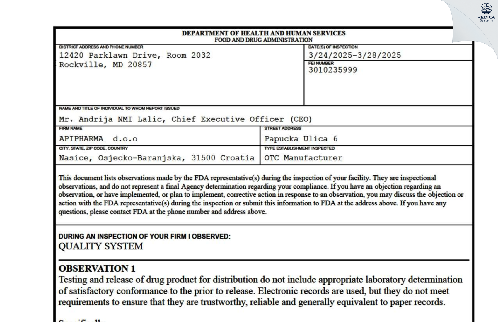 FDA 483 - APIPHARMA, d.o.o. [Našice / Croatia] - Download PDF - Redica Systems