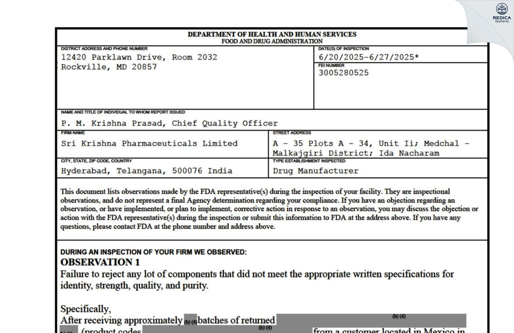 FDA 483 - Sri Krishna Pharmaceuticals Limited [Secunderabad / India] - Download PDF - Redica Systems