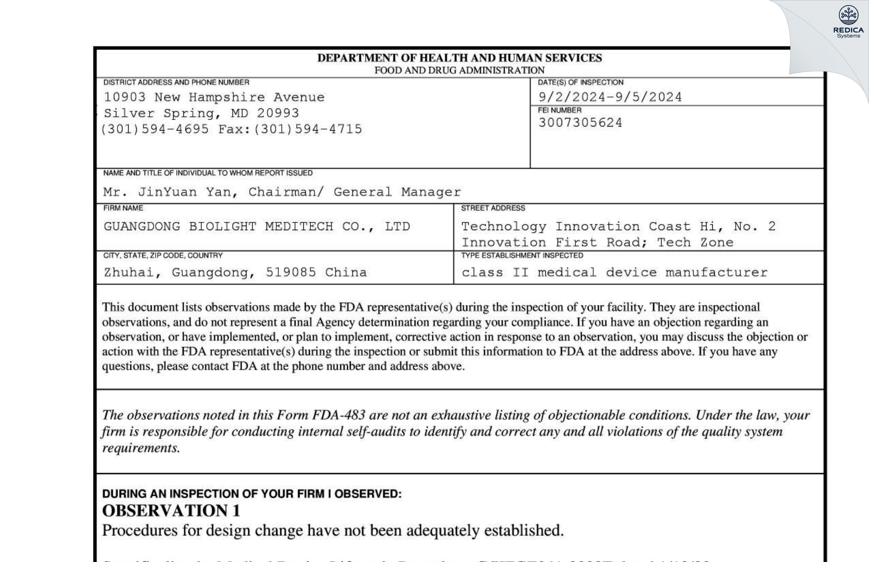 FDA 483 - GUANGDONG BIOLIGHT MEDITECH CO., LTD [Heung Chau / China] - Download PDF - Redica Systems