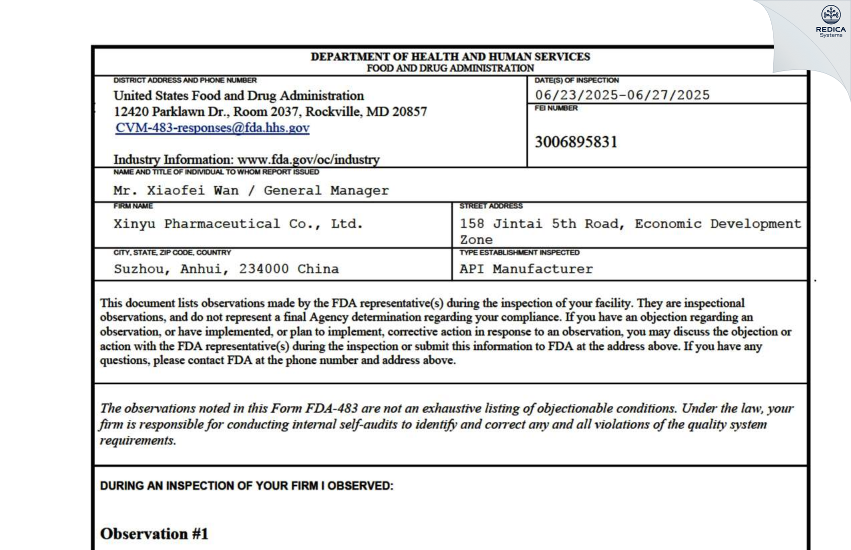 FDA 483 - Xinyu Pharmaceutical Co., Ltd. [Suzhou / China] - Download PDF - Redica Systems