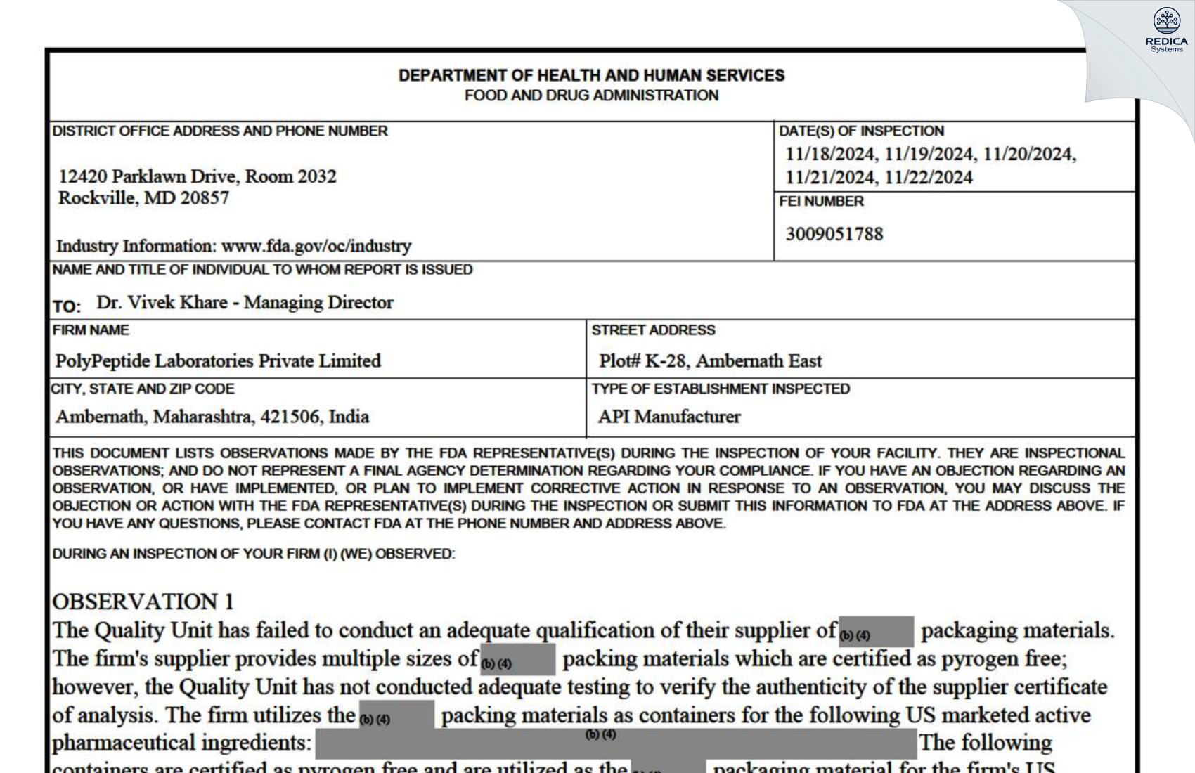 FDA 483 - Polypeptide Laboratories Private Limited [Anand Nagar / India] - Download PDF - Redica Systems