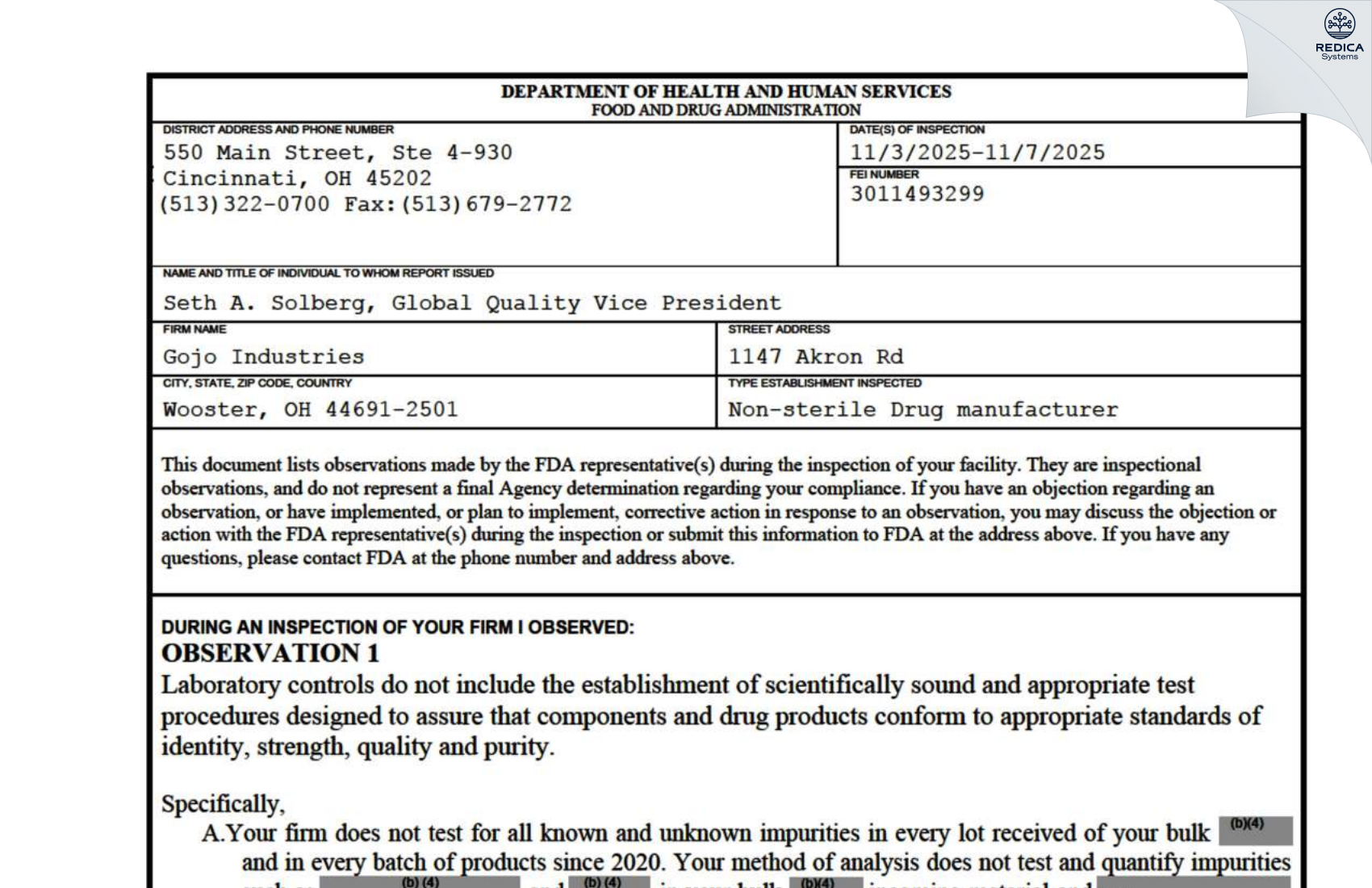 FDA 483 - GOJO Industries, Inc. [Wooster / United States of America] - Download PDF - Redica Systems