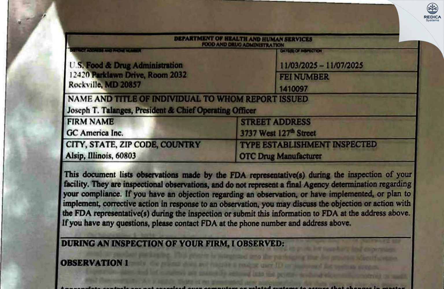 FDA 483 - GC America Inc. [Alsip / United States of America] - Download PDF - Redica Systems