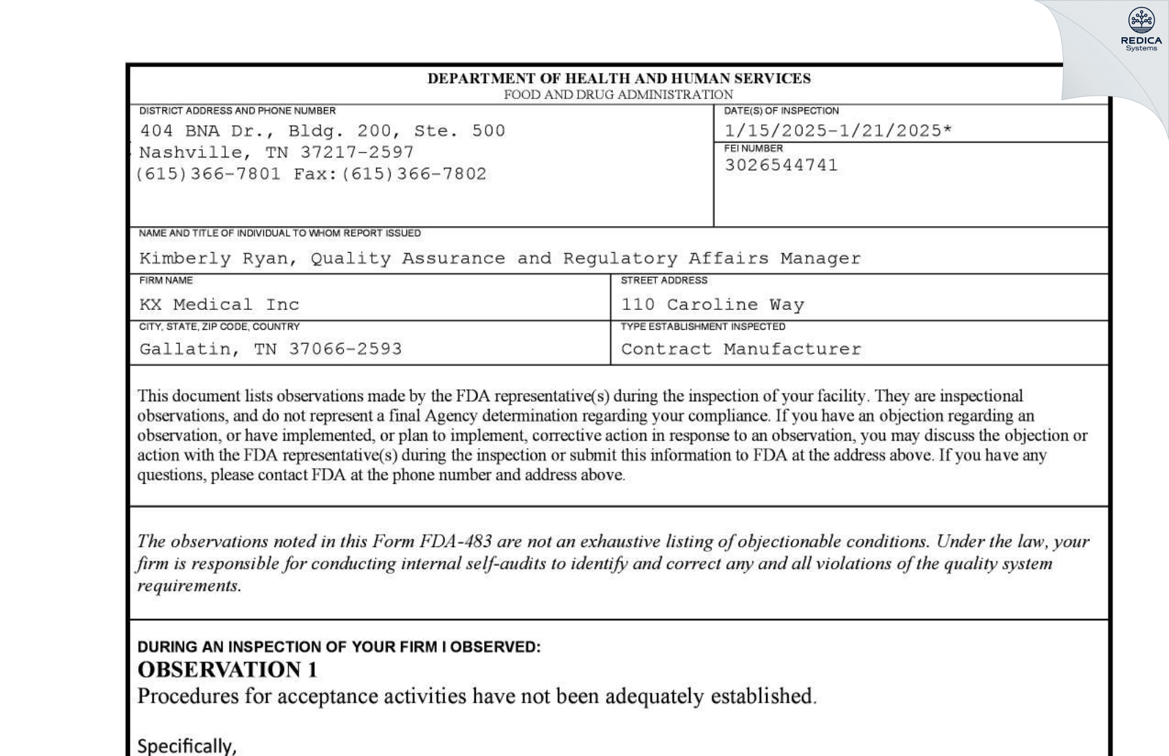 FDA 483 - KX MEDICAL, INC. [Gallatin / United States of America] - Download PDF - Redica Systems