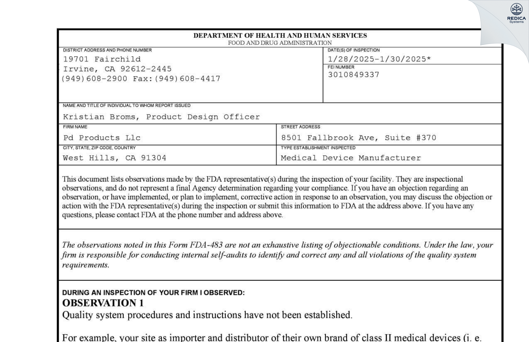 FDA 483 - PD PRODUCTS LLC [West Hills / United States of America] - Download PDF - Redica Systems
