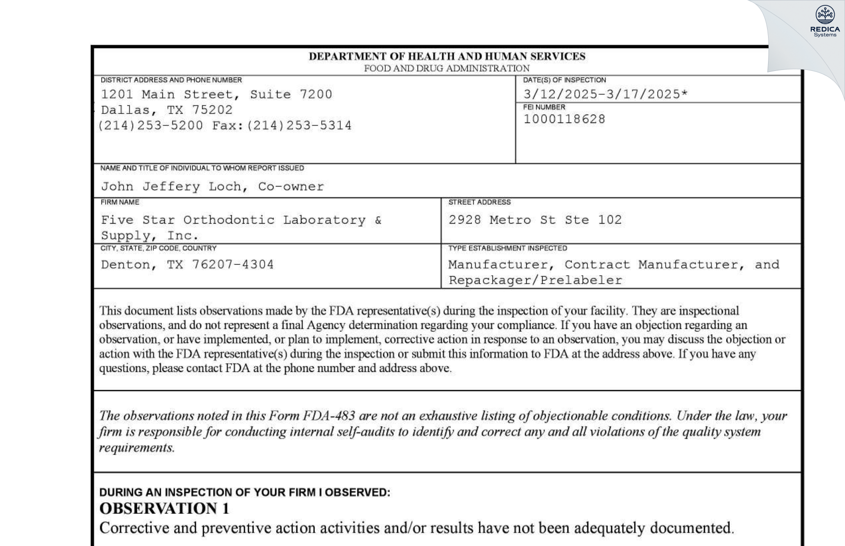 FDA 483 - Five Star Orthodontic Laboratory & Supply, Inc. [Denton / United States of America] - Download PDF - Redica Systems