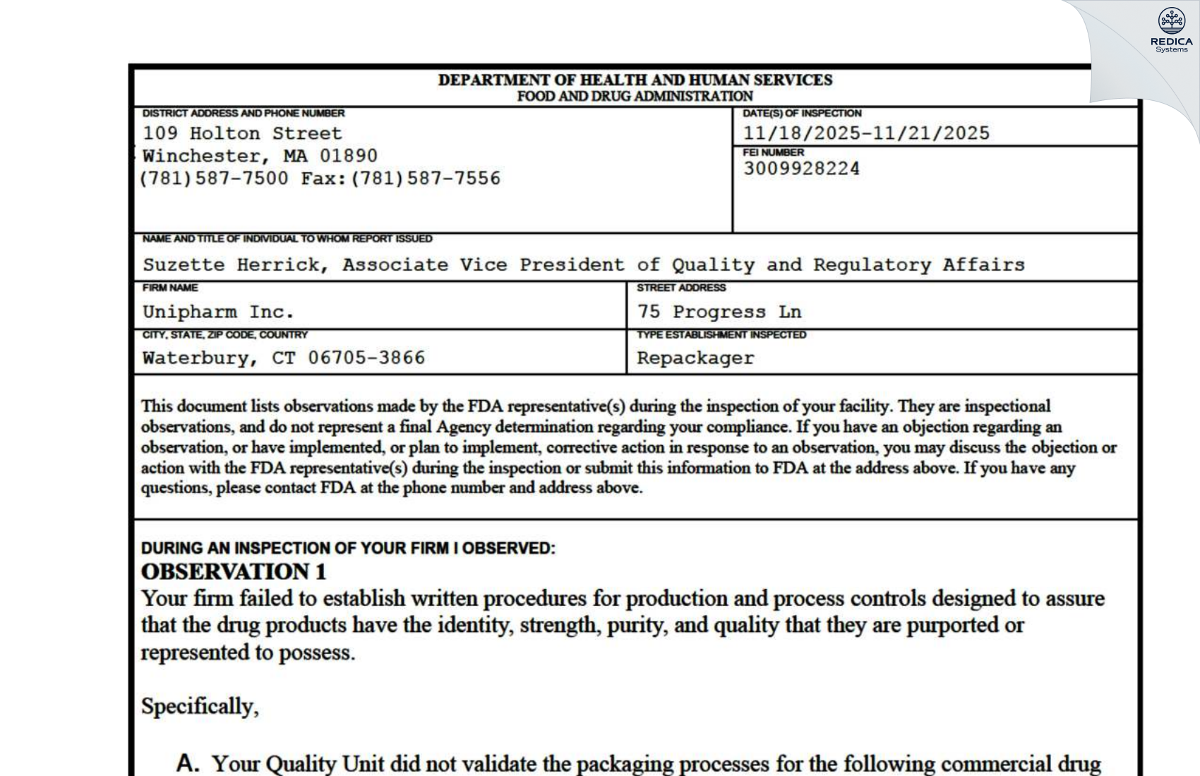 FDA 483 - Unipharm, Inc [Waterbury / United States of America] - Download PDF - Redica Systems