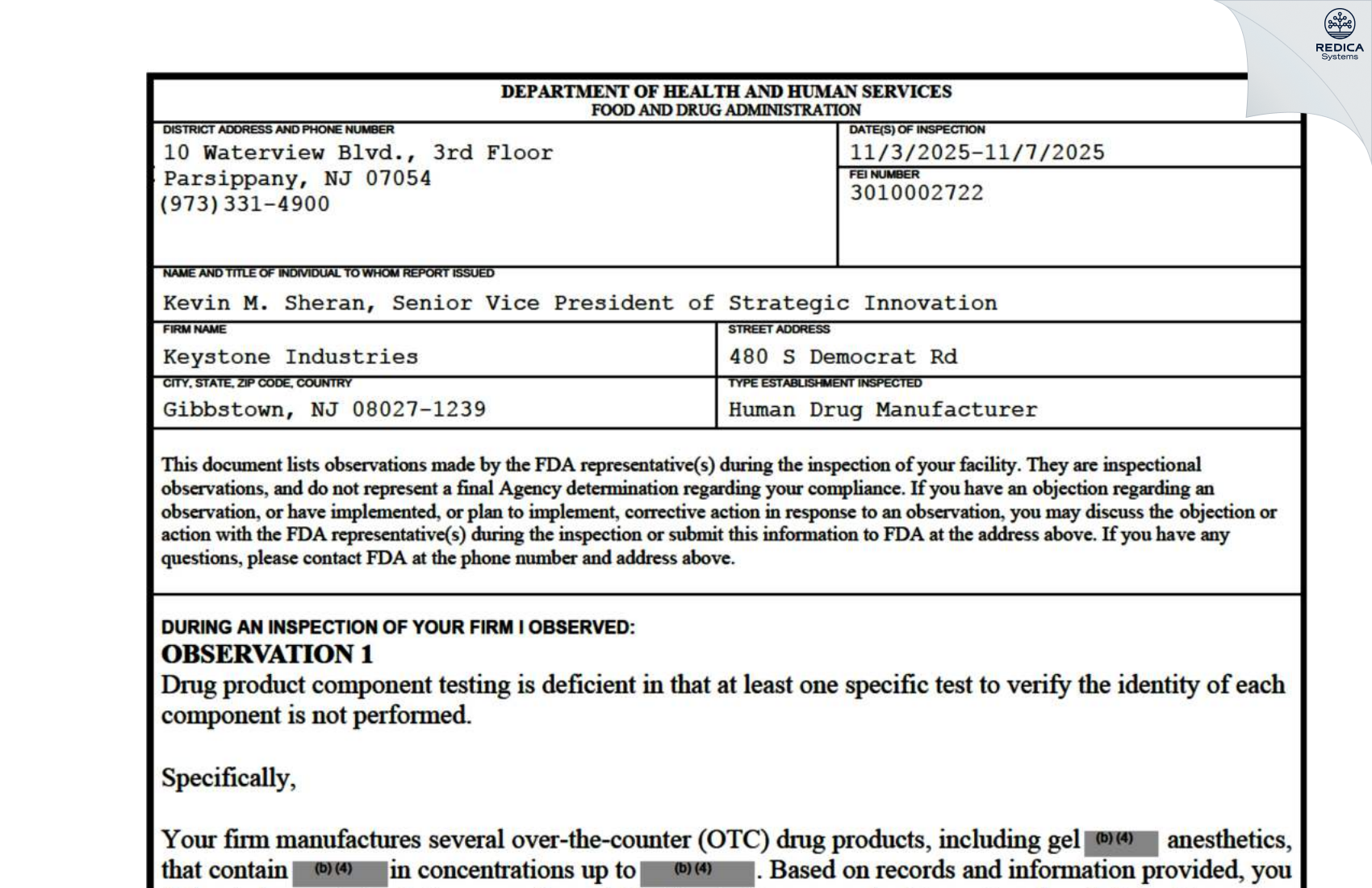 FDA 483 - Keystone Industries [Gibbstown / United States of America] - Download PDF - Redica Systems