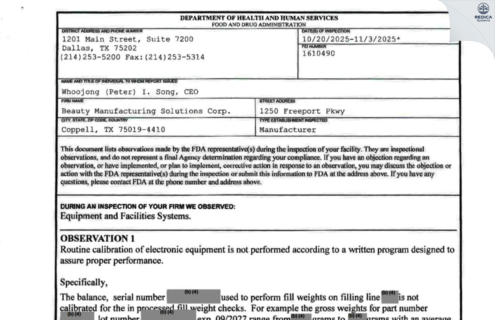 FDA 483 - Beauty Manufacturing Solutions Corp. [Coppell / United States of America] - Download PDF - Redica Systems