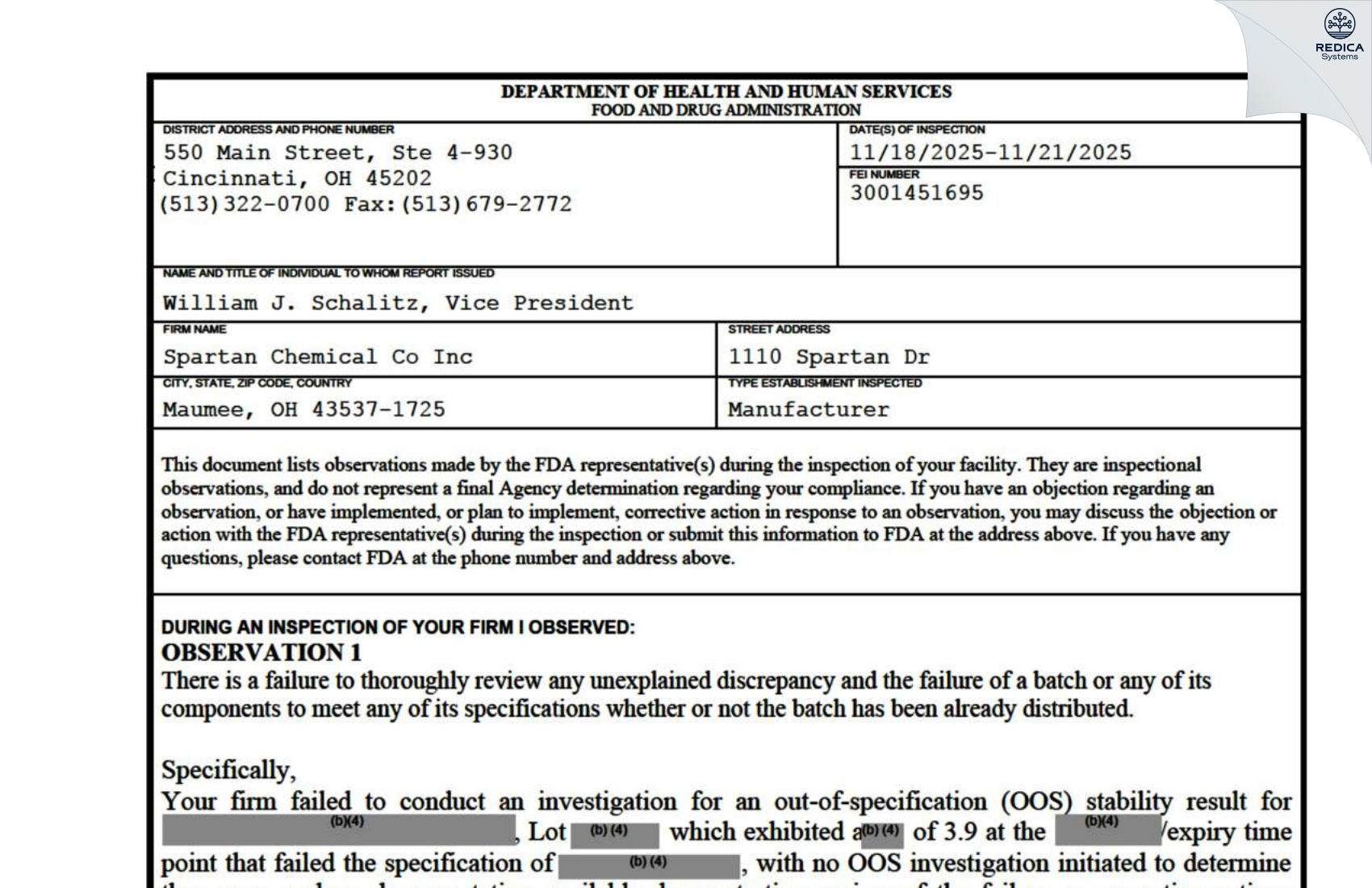 FDA 483 - Spartan Chemical Company, Inc. [Maumee / United States of America] - Download PDF - Redica Systems