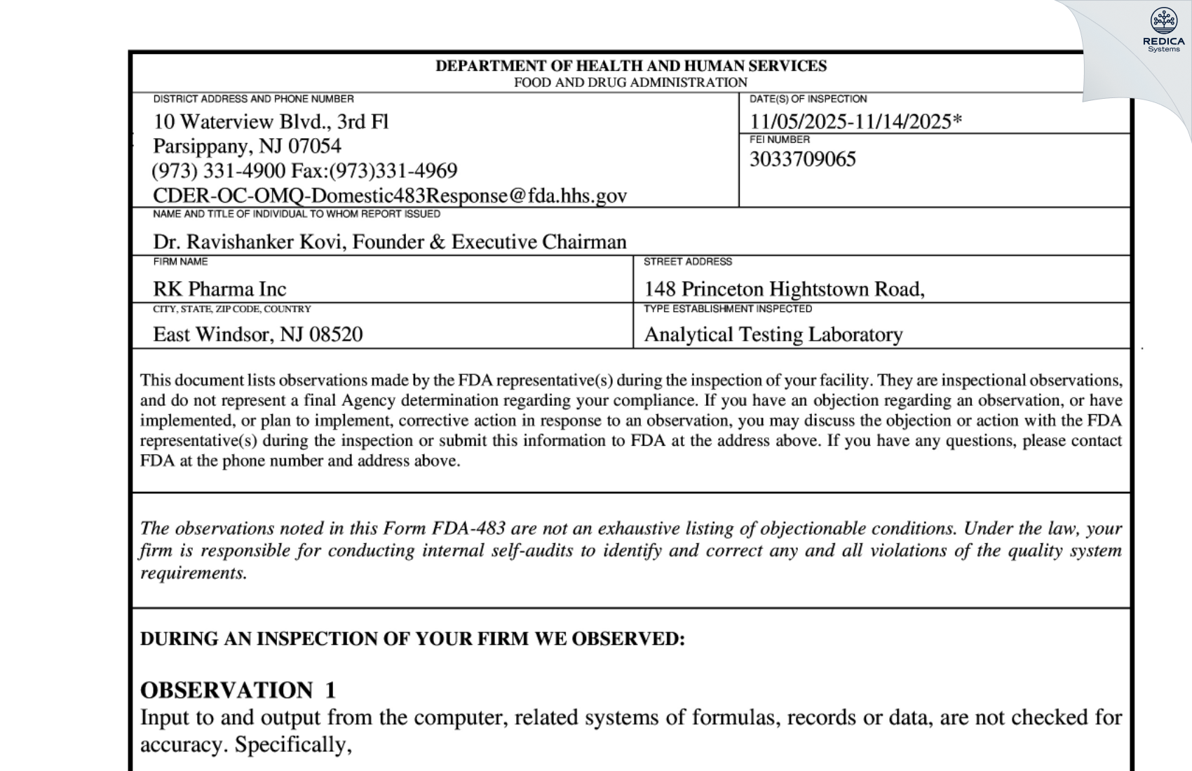 FDA 483 - RK Pharma Inc. [East Windsor / United States of America] - Download PDF - Redica Systems