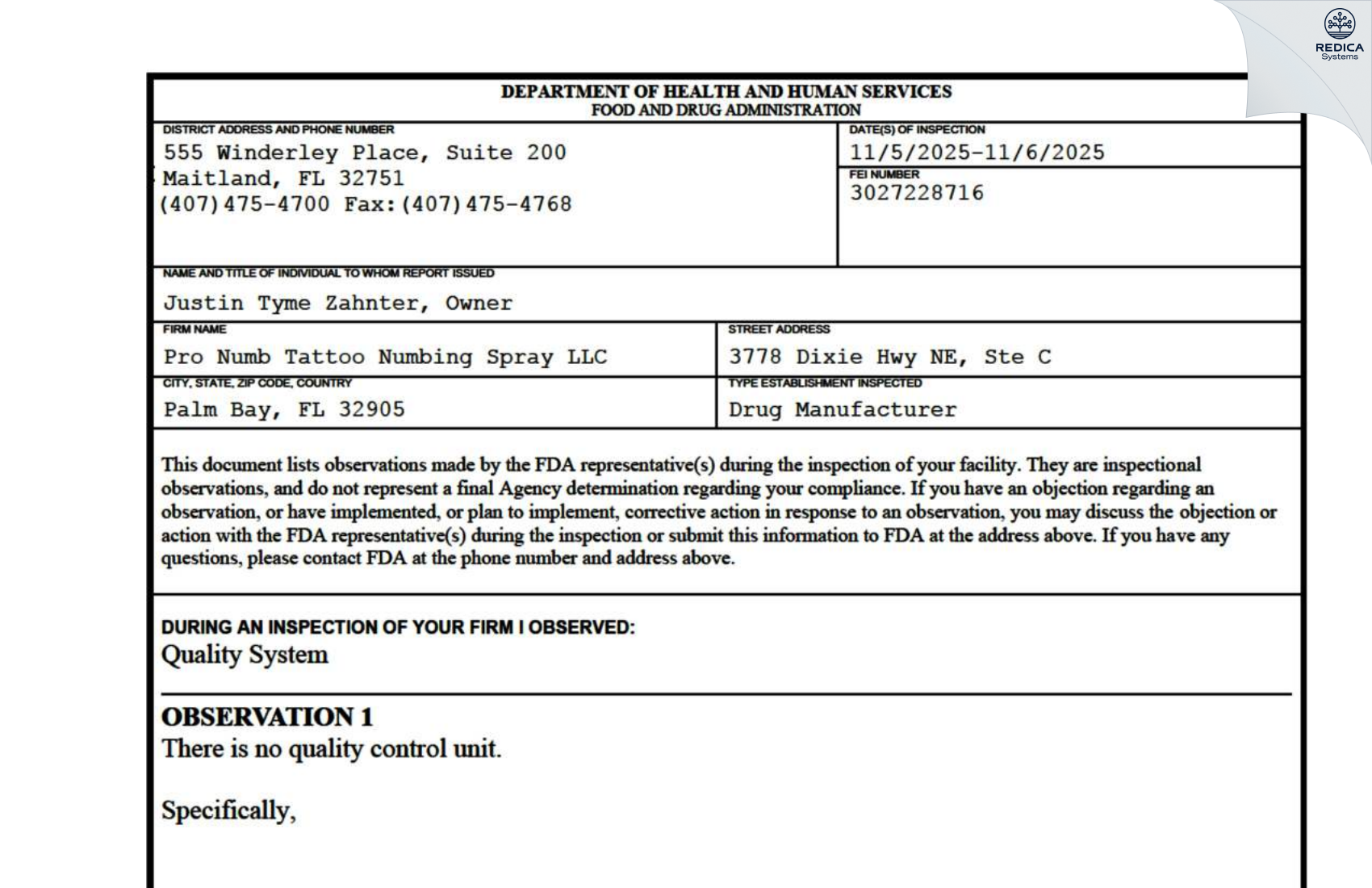 FDA 483 - Pro Numb Tattoo Numbing Spray LLC [Melbourne / United States of America] - Download PDF - Redica Systems