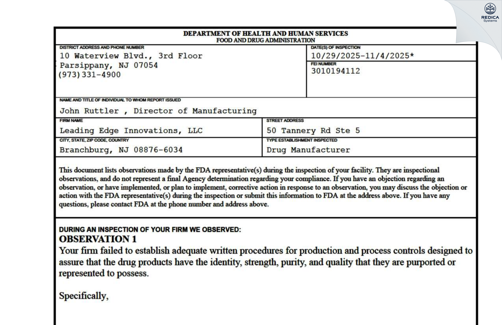 FDA 483 - Leading Edge Innovations, LLC [Somerville / United States of America] - Download PDF - Redica Systems