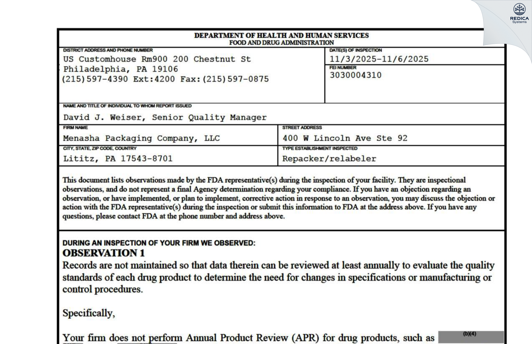 FDA 483 - Menasha Packaging Company [Lititz / United States of America] - Download PDF - Redica Systems