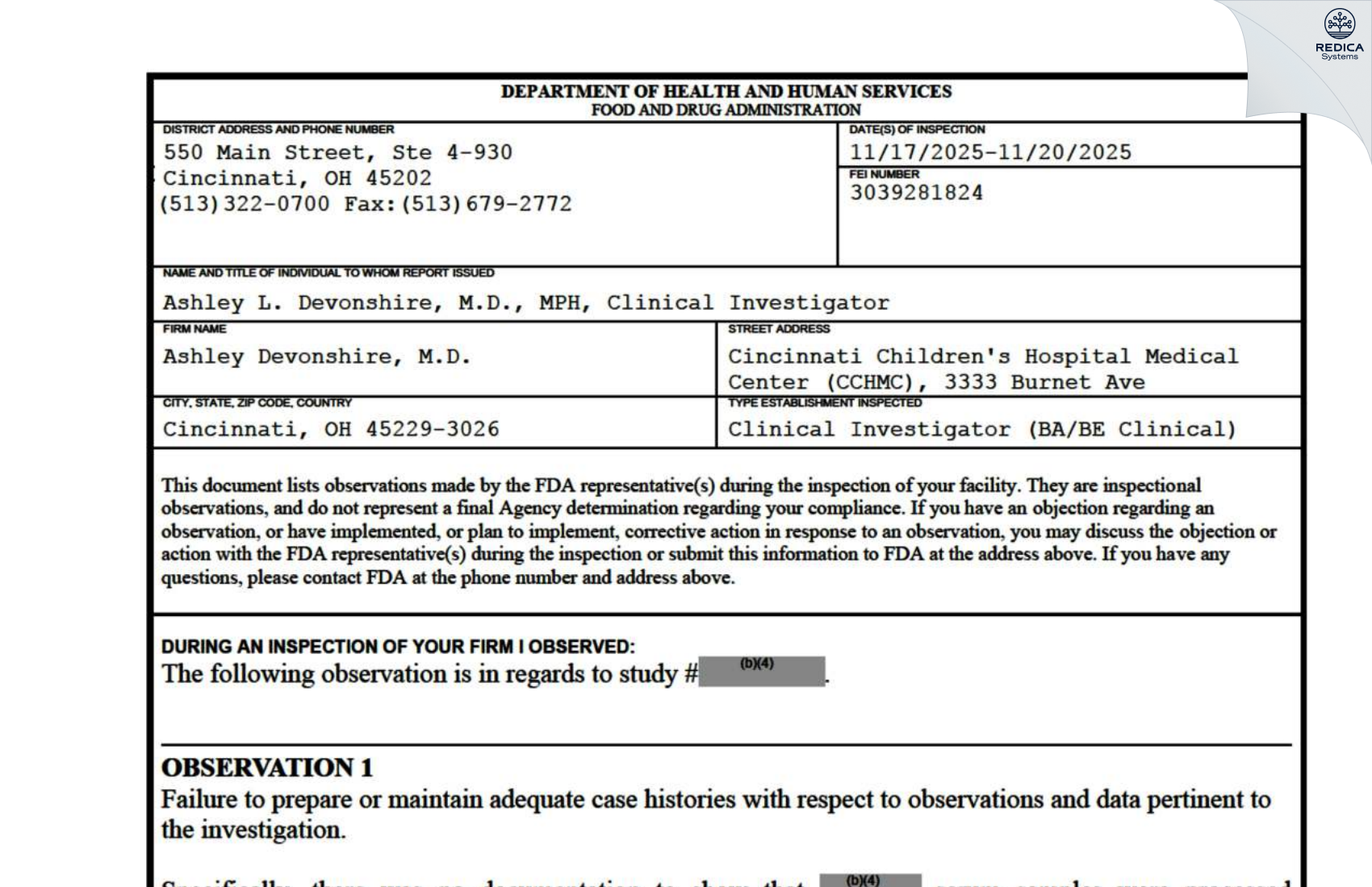 FDA 483 - Ashley L. Devonshire, M.D., MPH [Cincinnati / United States of America] - Download PDF - Redica Systems