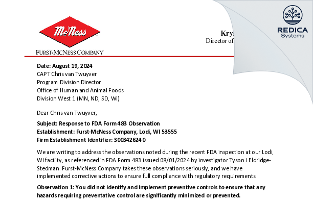 FDA 483 Response - Furst-McNess Company [Lodi / United States of America] - Download PDF - Redica Systems