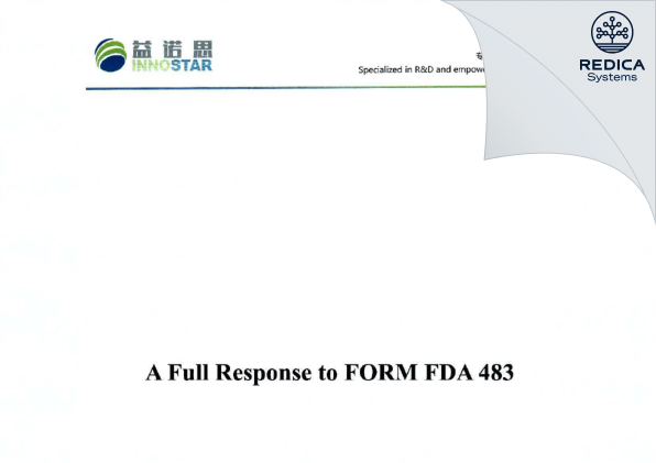 FDA 483 Response - InnoStar Bio-Tech Nantong Co. Ltd. [Linjiang / China] - Download PDF - Redica Systems