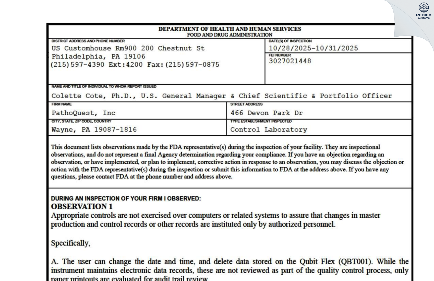 FDA 483 - PathoQuest, Inc. [Wayne / United States of America] - Download PDF - Redica Systems