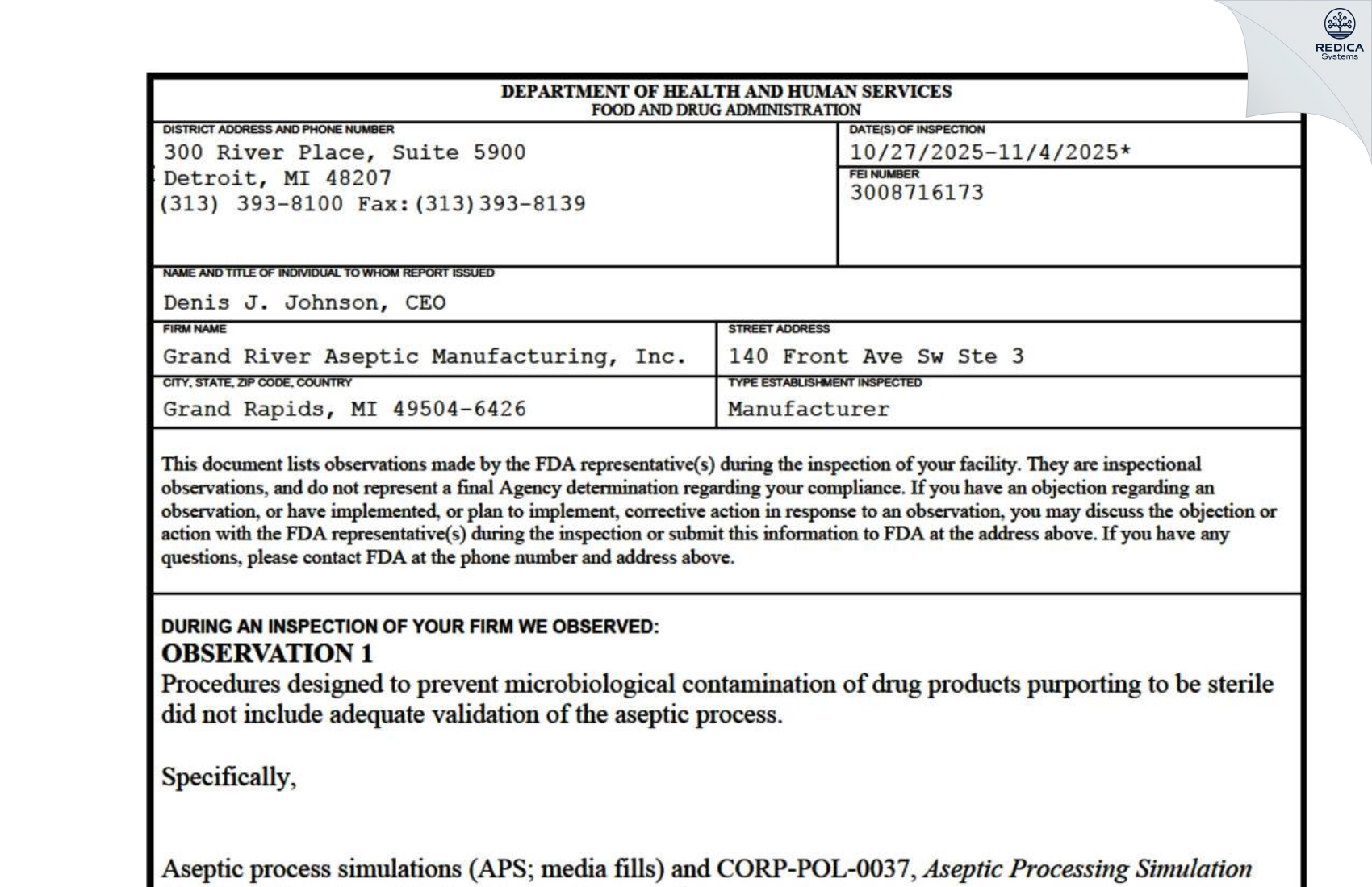 FDA 483 - Grand River Aseptic Manufacturing Inc. [Grand Rapids / United States of America] - Download PDF - Redica Systems