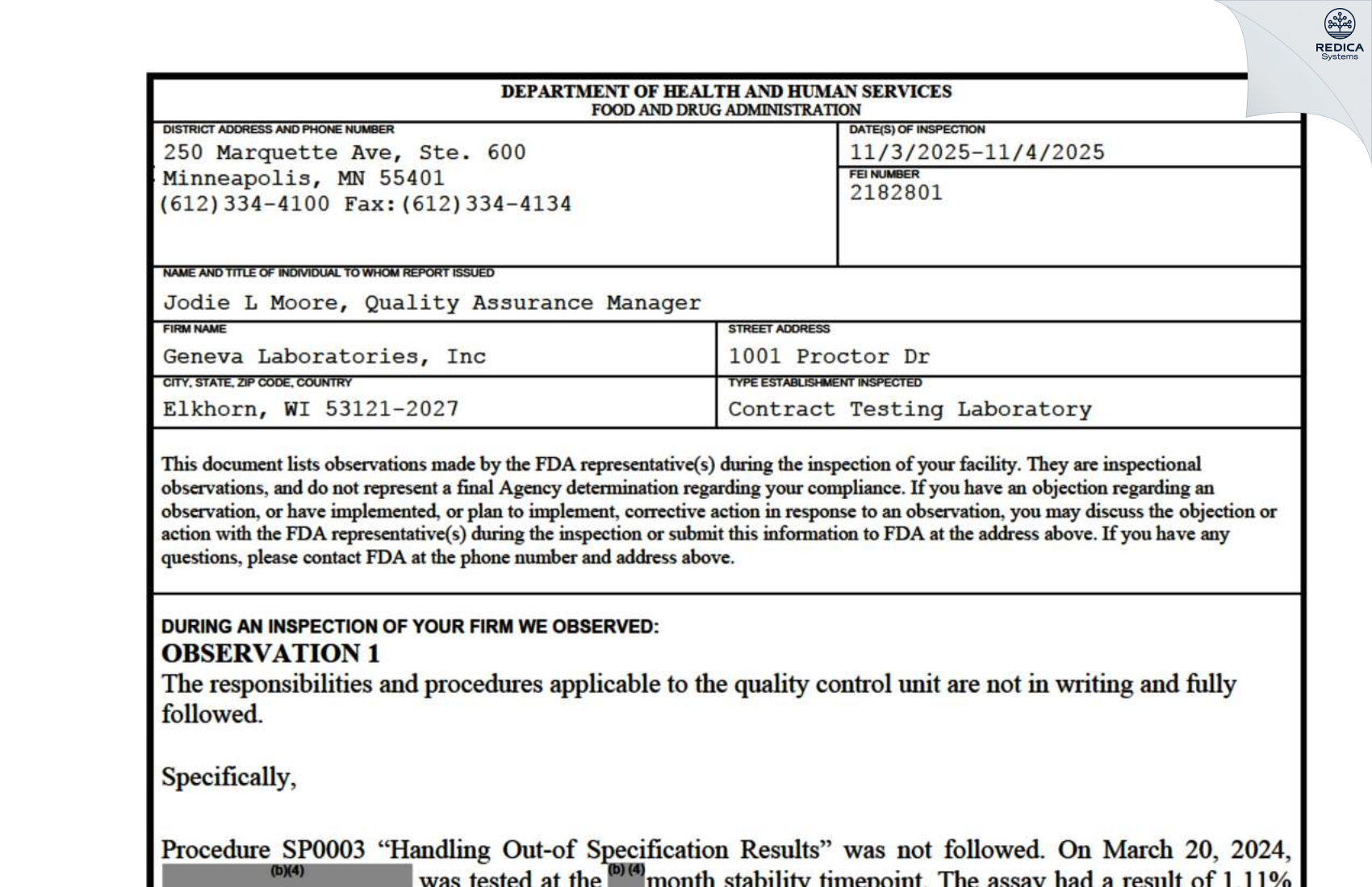FDA 483 - Geneva Laboratories, Inc. [Elkhorn / United States of America] - Download PDF - Redica Systems