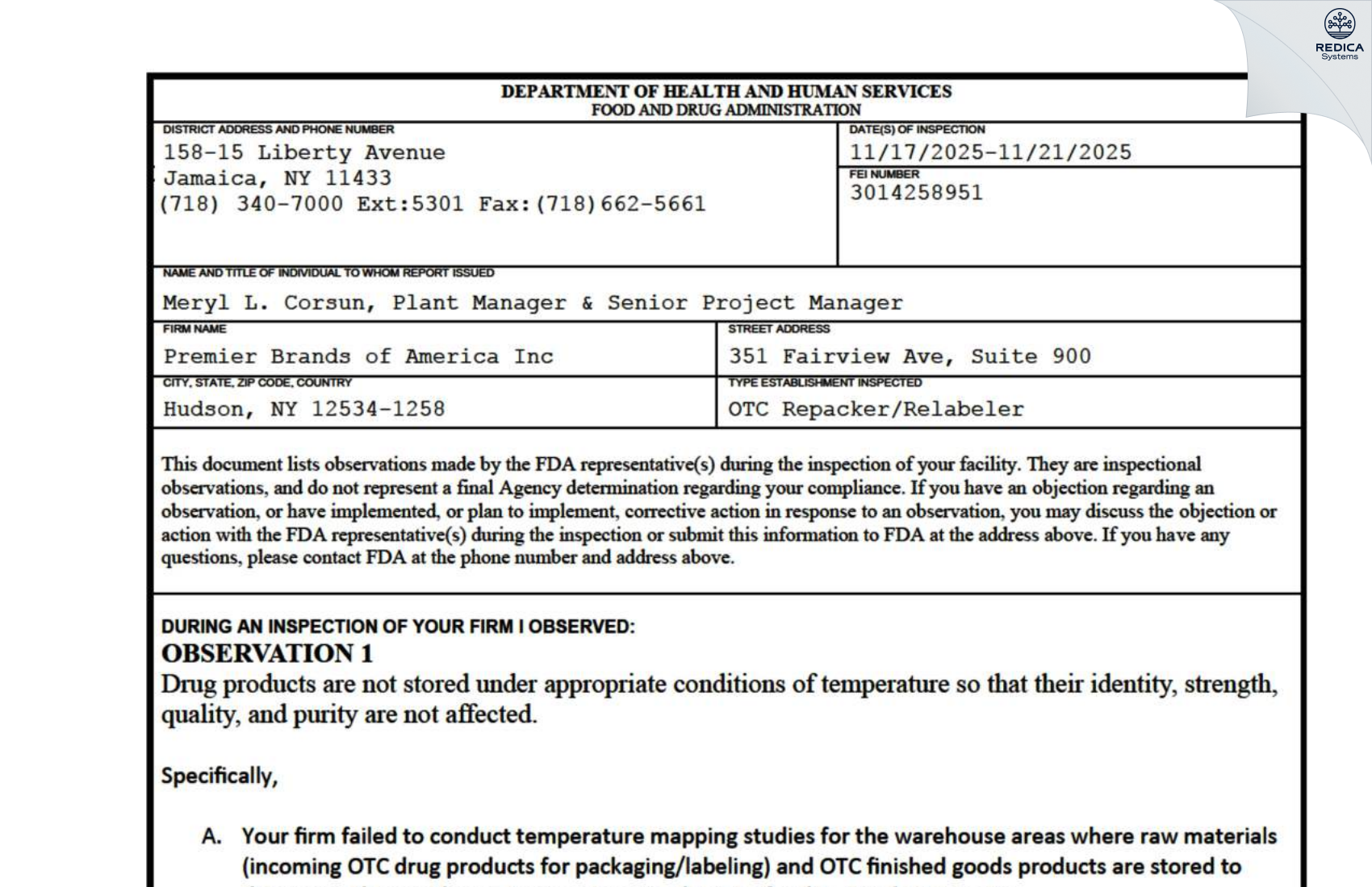 FDA 483 - Premier Brands of America Inc. [Hudson / United States of America] - Download PDF - Redica Systems