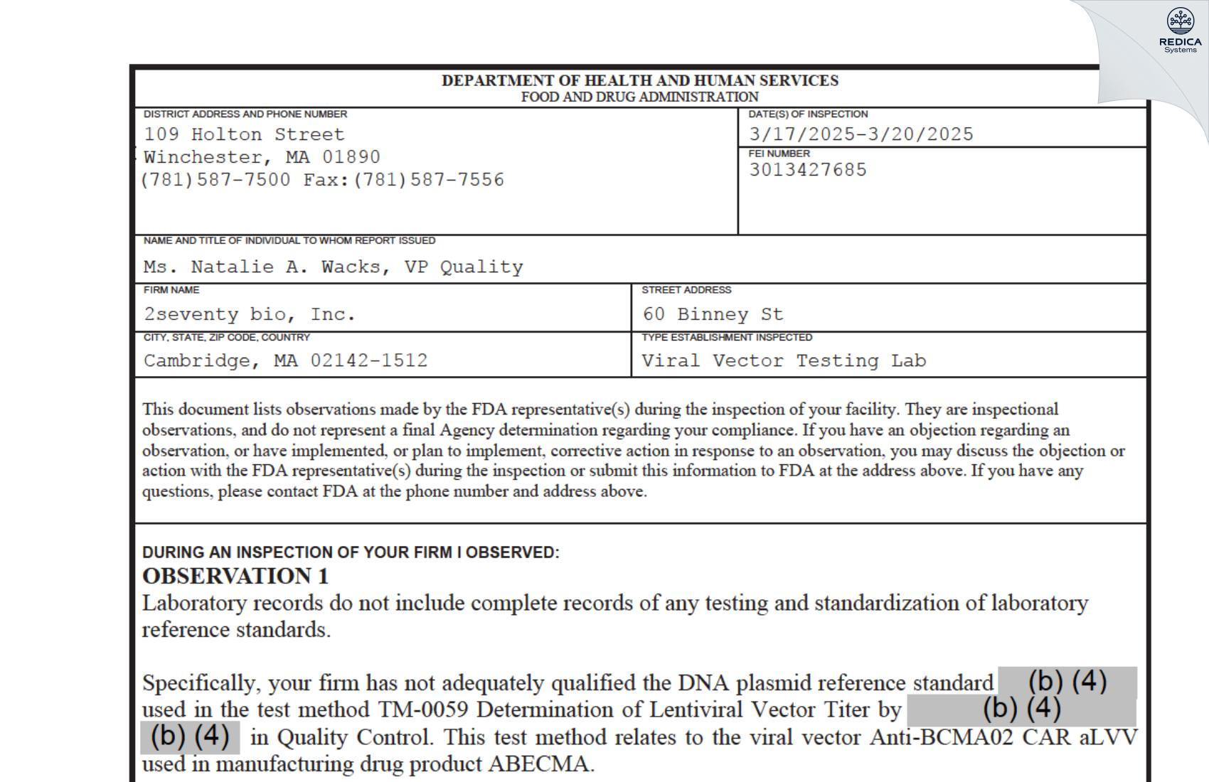 FDA 483 - bluebird bio, Inc. [Cambridge / United States of America] - Download PDF - Redica Systems