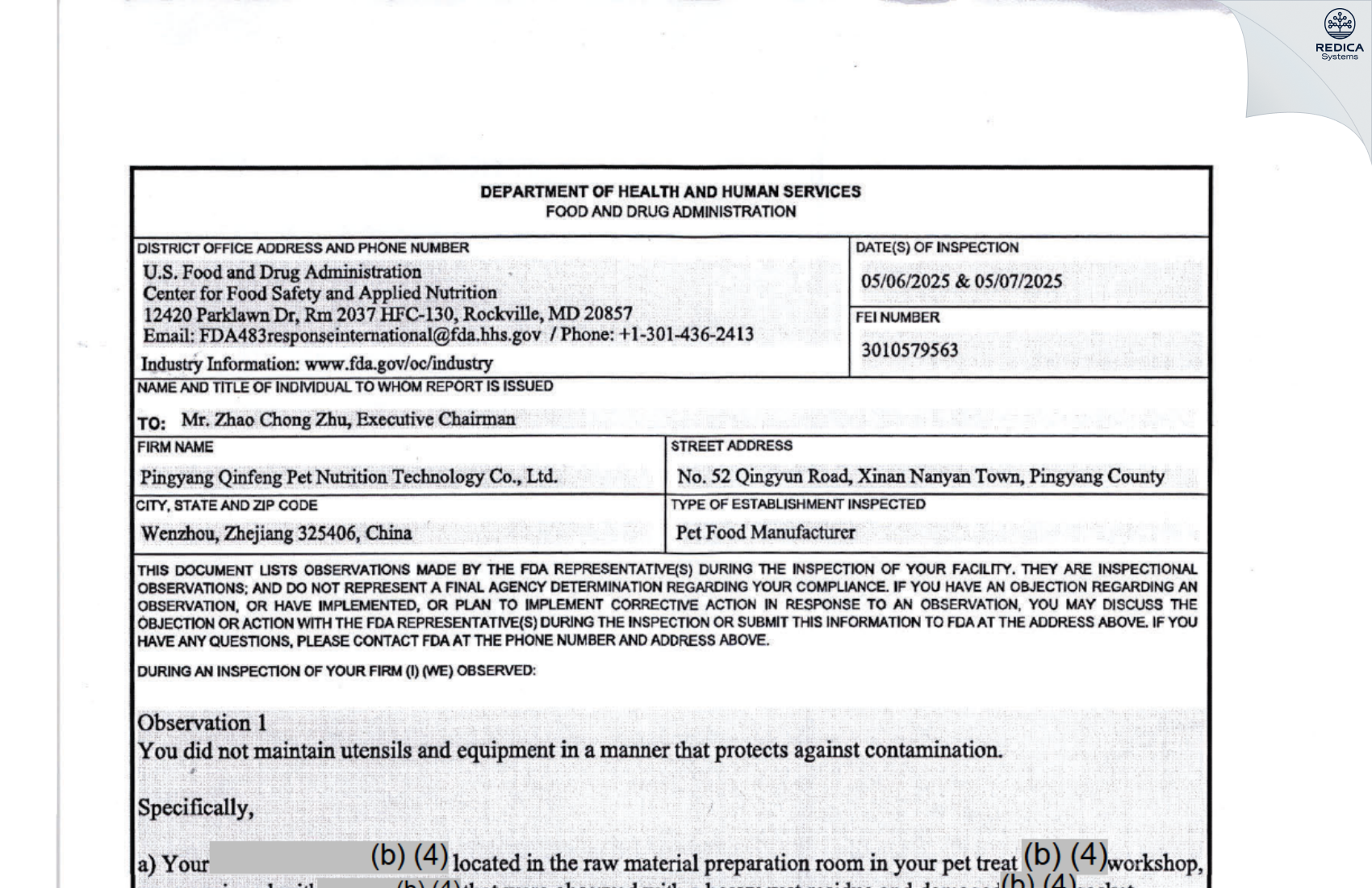 FDA 483 - Pingyang Qinfeng Pet Nutrition Technology Co., Ltd. [Wenzhou / China] - Download PDF - Redica Systems