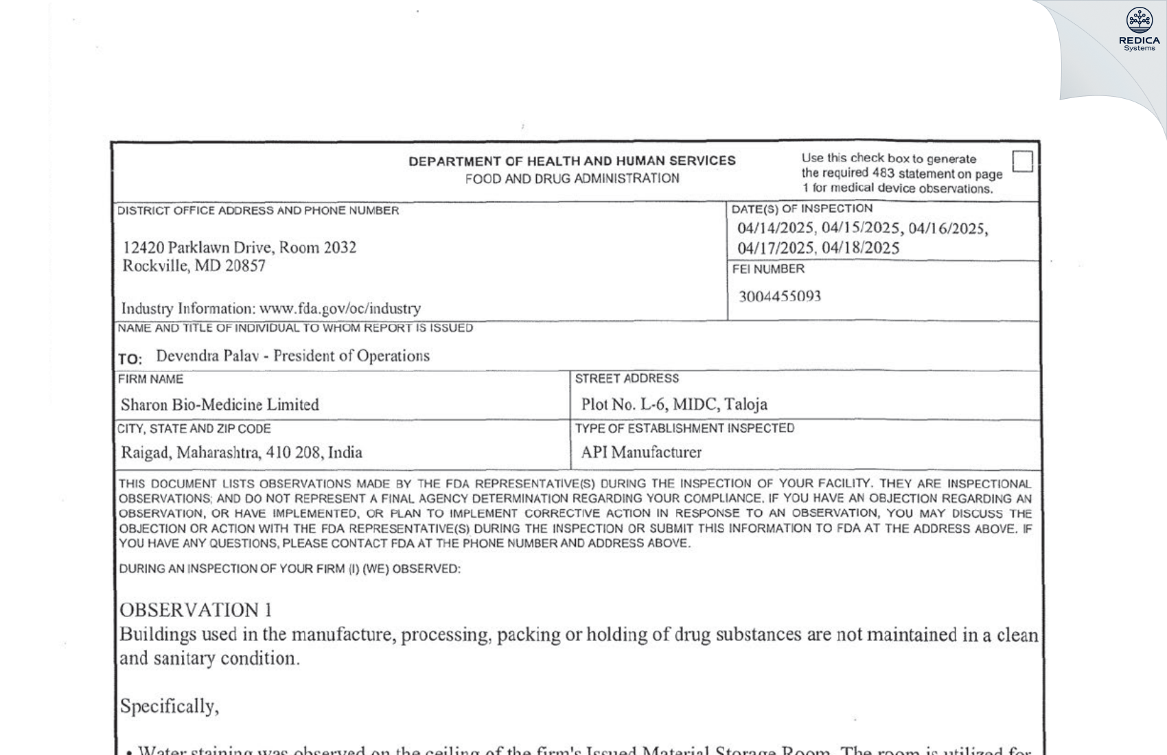 FDA 483 - Sharon Bio-Medicine Limited [Panvel Sub-District / India] - Download PDF - Redica Systems