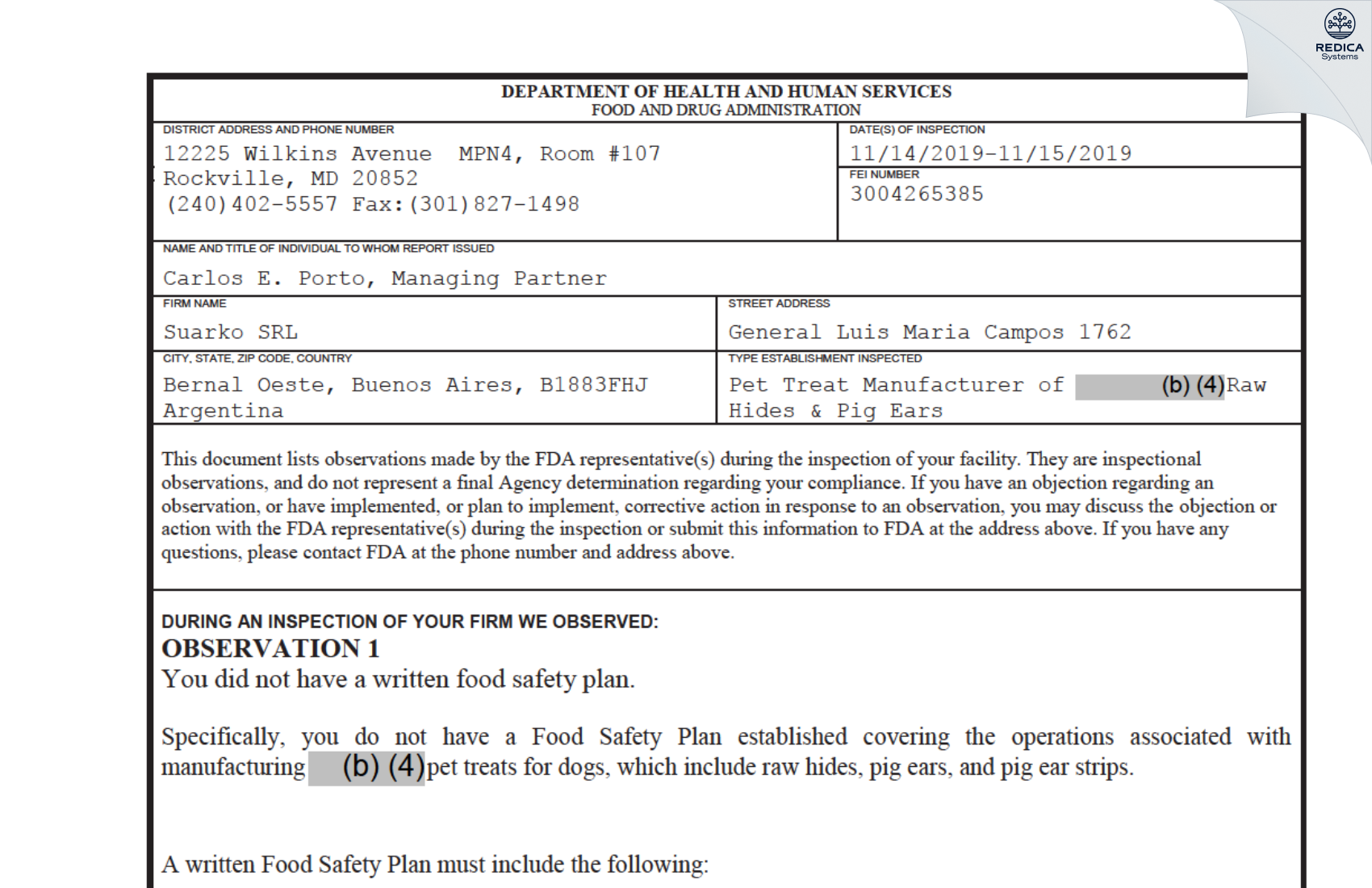 FDA 483 - Suarko SRL [Bernal Oeste / Argentina] - Download PDF - Redica Systems